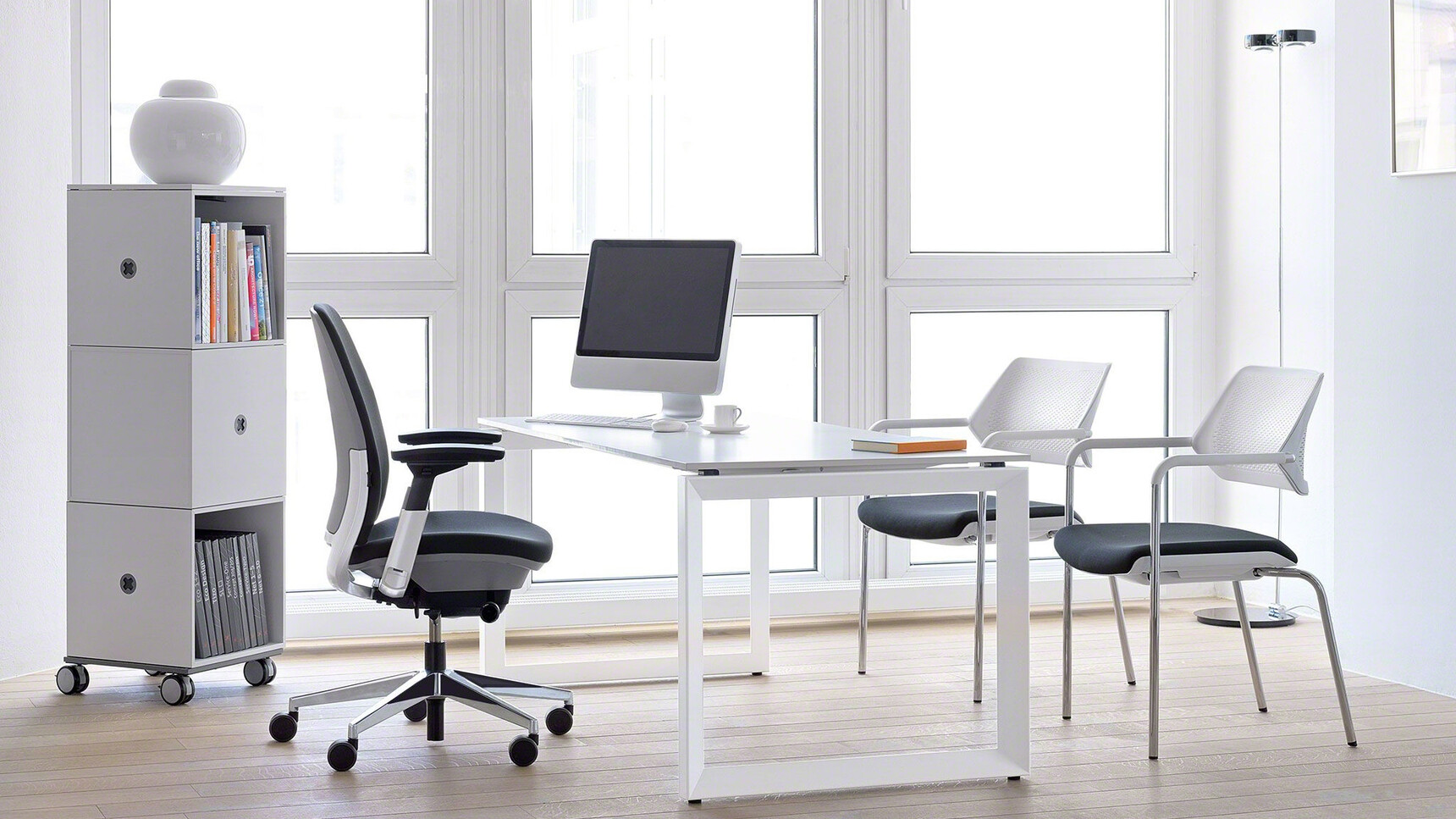 Two Steelcase Qivi Four Leg Base Conference Chairs on Glides Chrome Base White Fixed Arms Black Upholstery At Desk Steelcase Office Chair White Frameone Fixed Height Desk