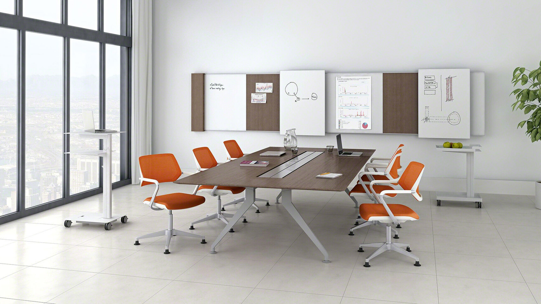 Six Steelcase Qivi Four Star Base Conference Chairs on Glides Platinum Base Finish White Fixed Arms Orange Upholstery At 4.8 Barrel Conference Table Wood Finish