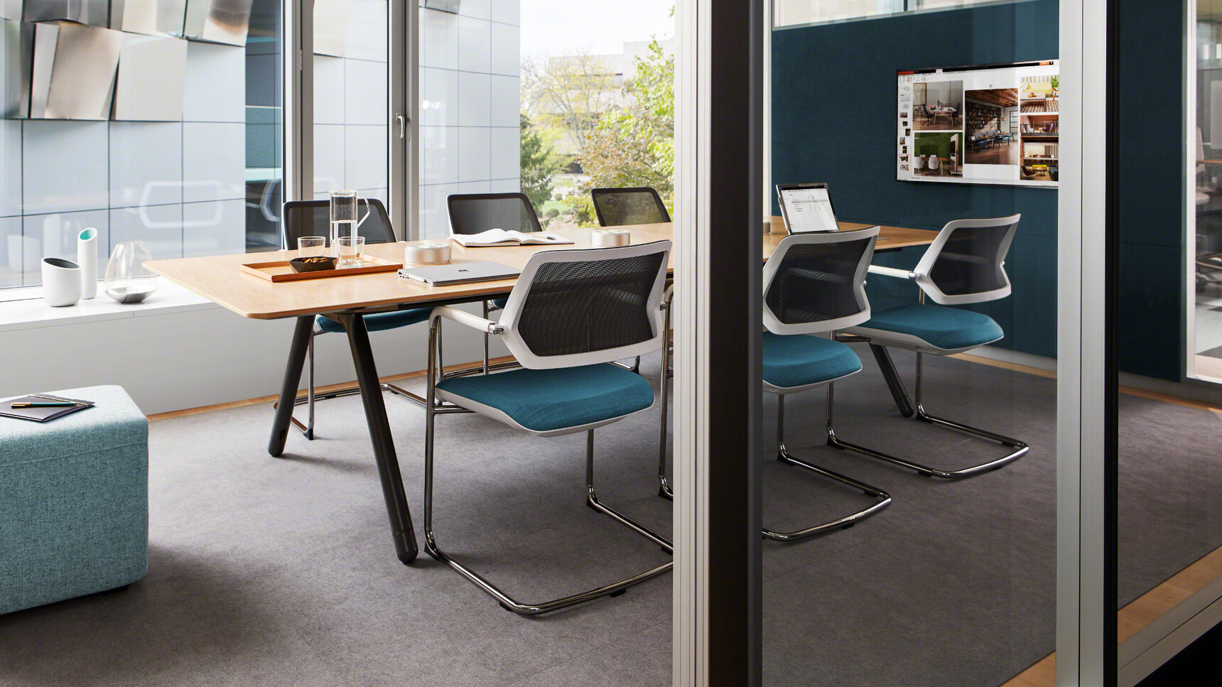 Six Steelcase Qivi Sled Base Conference Chairs Chrome Base Finish White Fixed Arms Backrest Blue Upholstery At Meeting Table Wood Finish