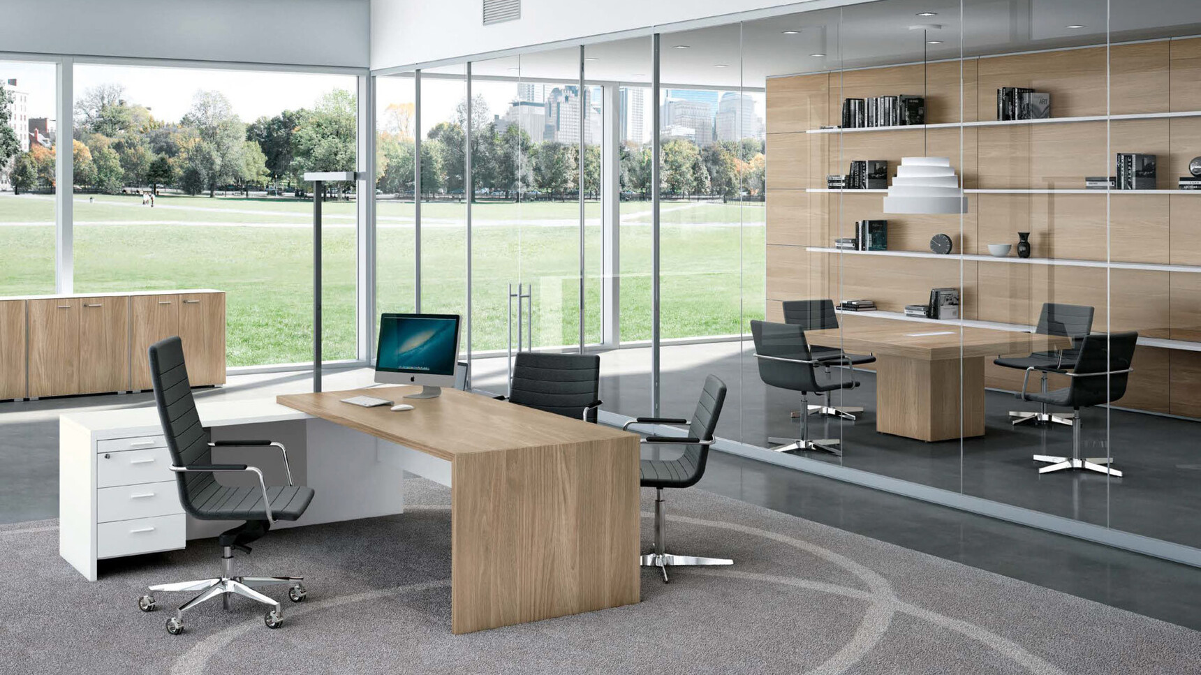 Quadrifoglio T45 L Shaped Desk with Return Pedestal With The Desk In Dark White Modesty Panel With T45 One Section Boardroom Table With Melamine Cubed Leg In Office Setting