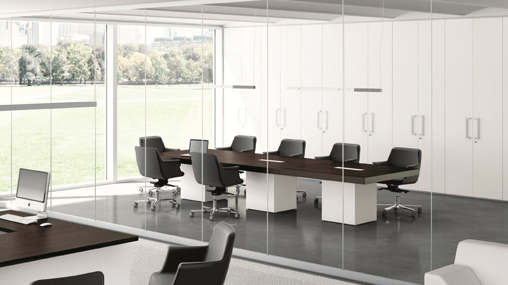 Quadrifoglio T45 Three Section Boardroom Table With Melamine Cubed Legs Wood In Office Setting