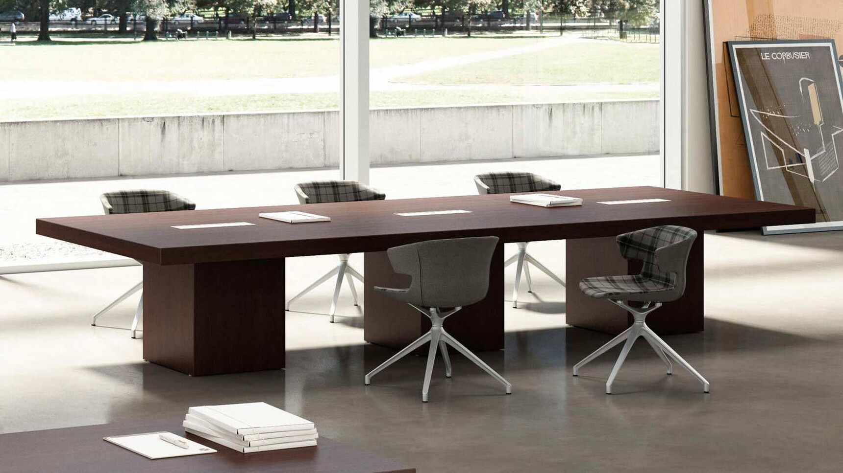Quadrifoglio T45 Three Section Boardroom Table With Melamine Cubed Leg With Chairs Family Image