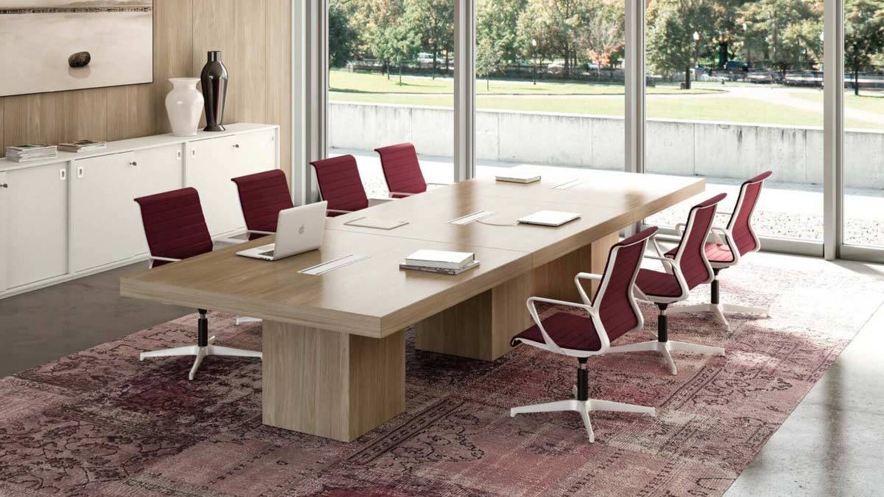 Quadrifoglio T45 Three Section Boardroom Table With Melamine Cubed Leg With Chairs At Table In Office Environment