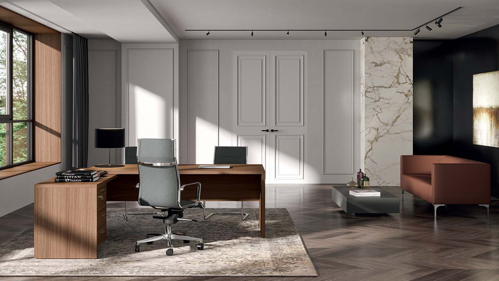 Quadrifoglio T45 L-Shaped Desk with Return & Pedestal With Chair Sofa In Office Setting