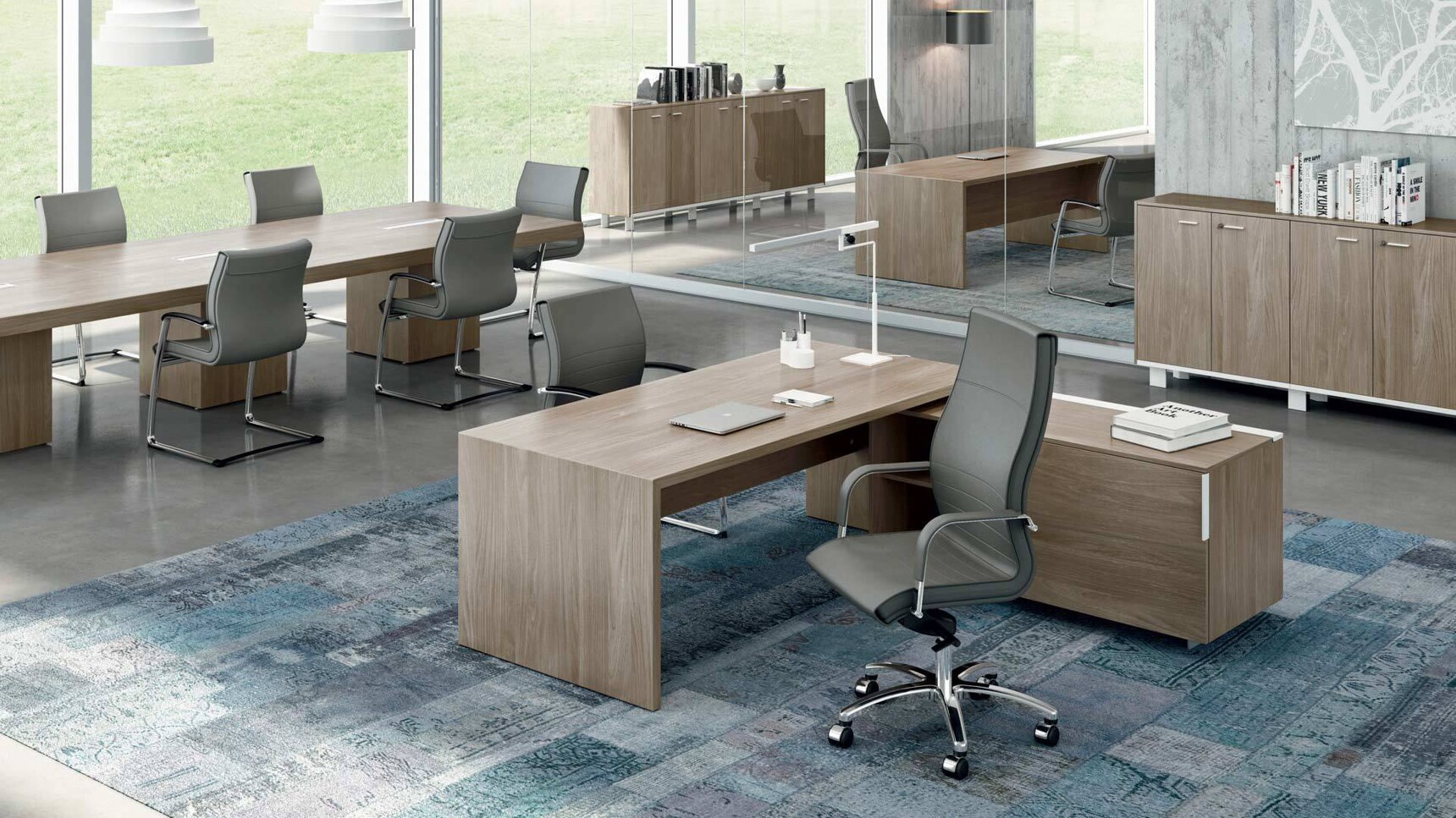 T45 L Shaped Desk with Return Pedestal With The Desk In Wood Finish With T45 Rectangular Straight Desk With Wood Finish And Boardroom Table With Wood Finish With Quadrifoglio Chairs At Desks