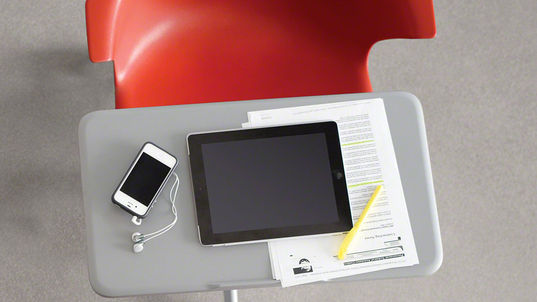 Steelcase Node Tripod Base Chair with Table With Plastic Back And Seat In Red With Grey Frame Overhead Close Up