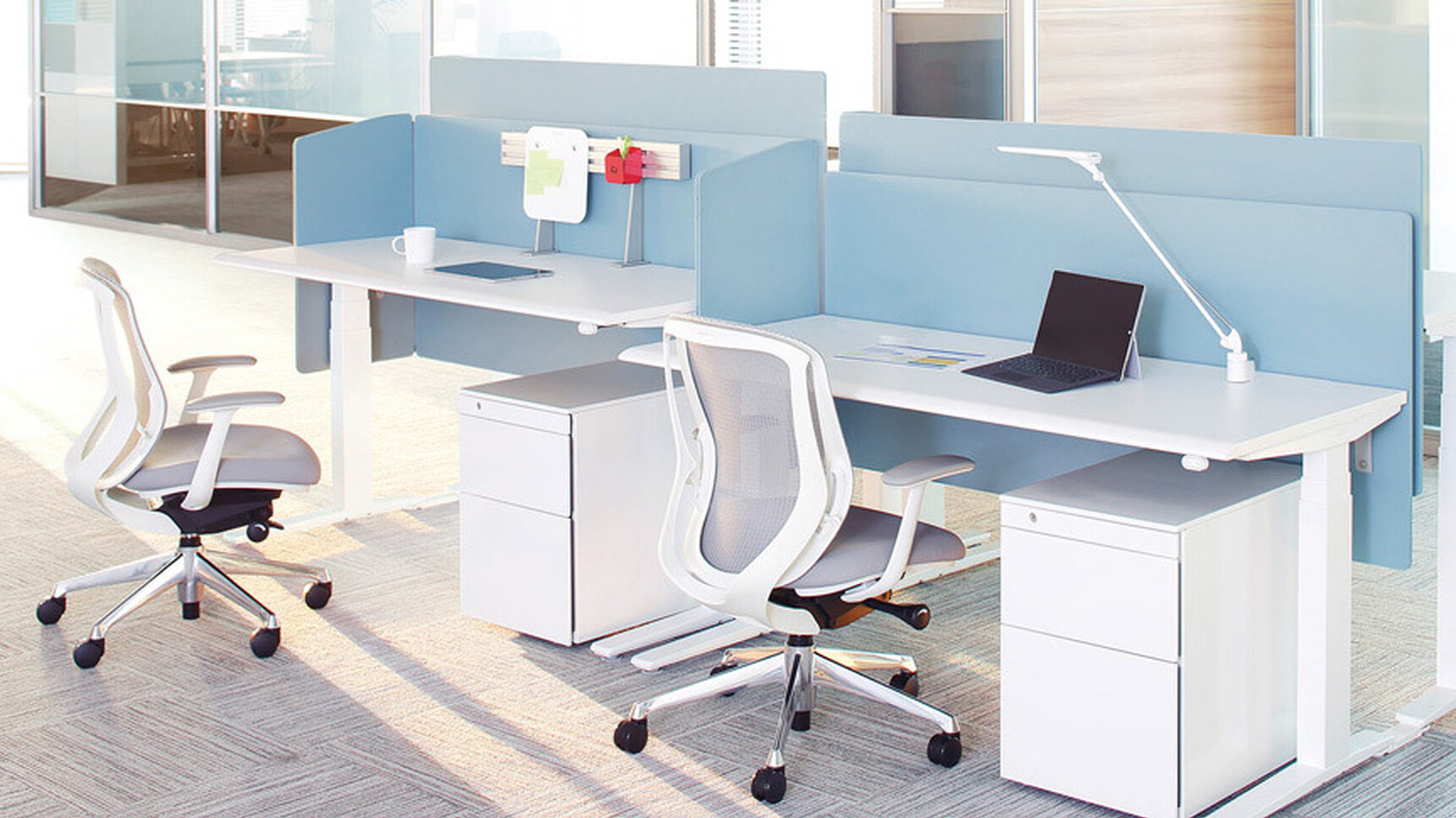 Two Okamura Zephyr Light Office Chair Polished White Frame Light Grey Upholstery Lumbar Angle Back Polished Aluminium Base White Grey 4-D Adjustable Arms At Desks