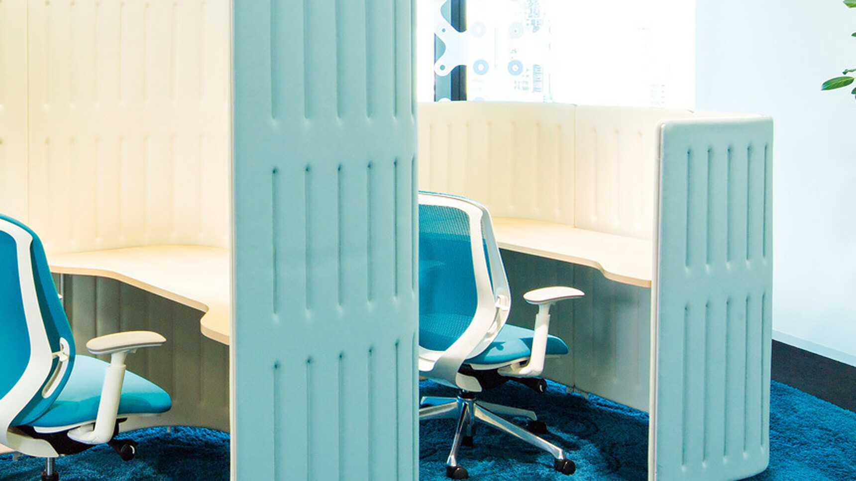 Two Okamura Zephyr Light Office Chair Polished White Frame Light Blue Grey Upholstery Lumbar Angle Back Polished Aluminium Base White Grey 4-D Adjustable Arms At Desks