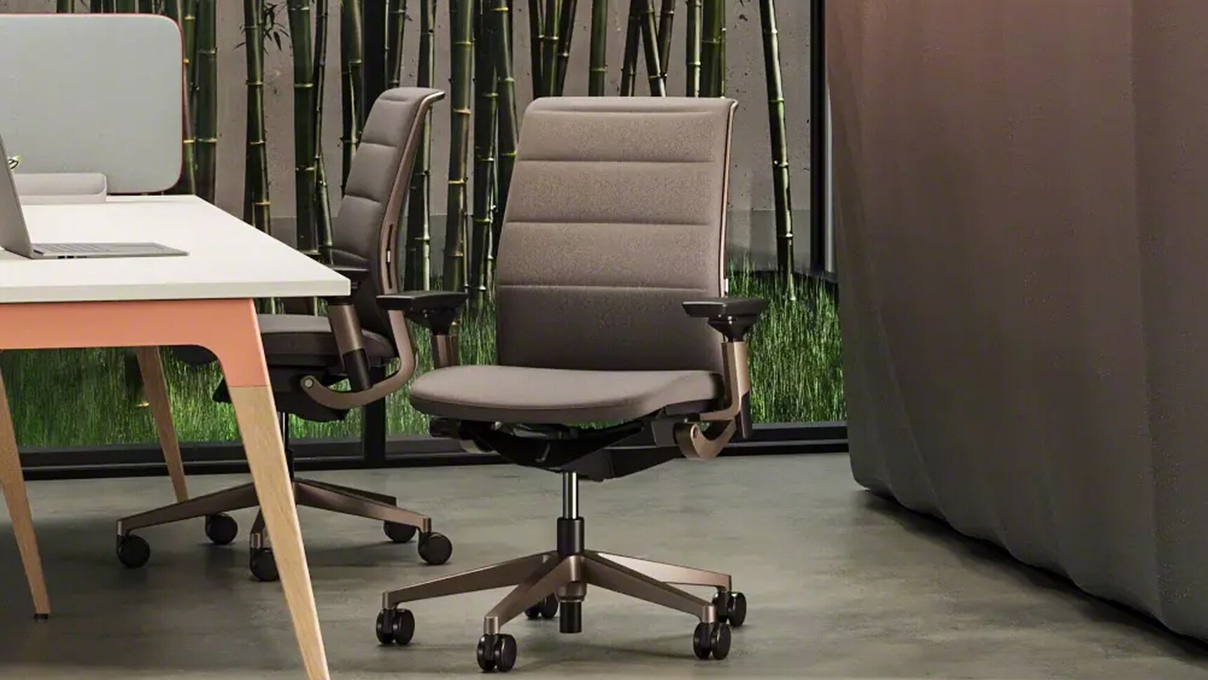 Two Steelcase Think V2 Quilted Office Chairs With Lux Finishes In Office Environment