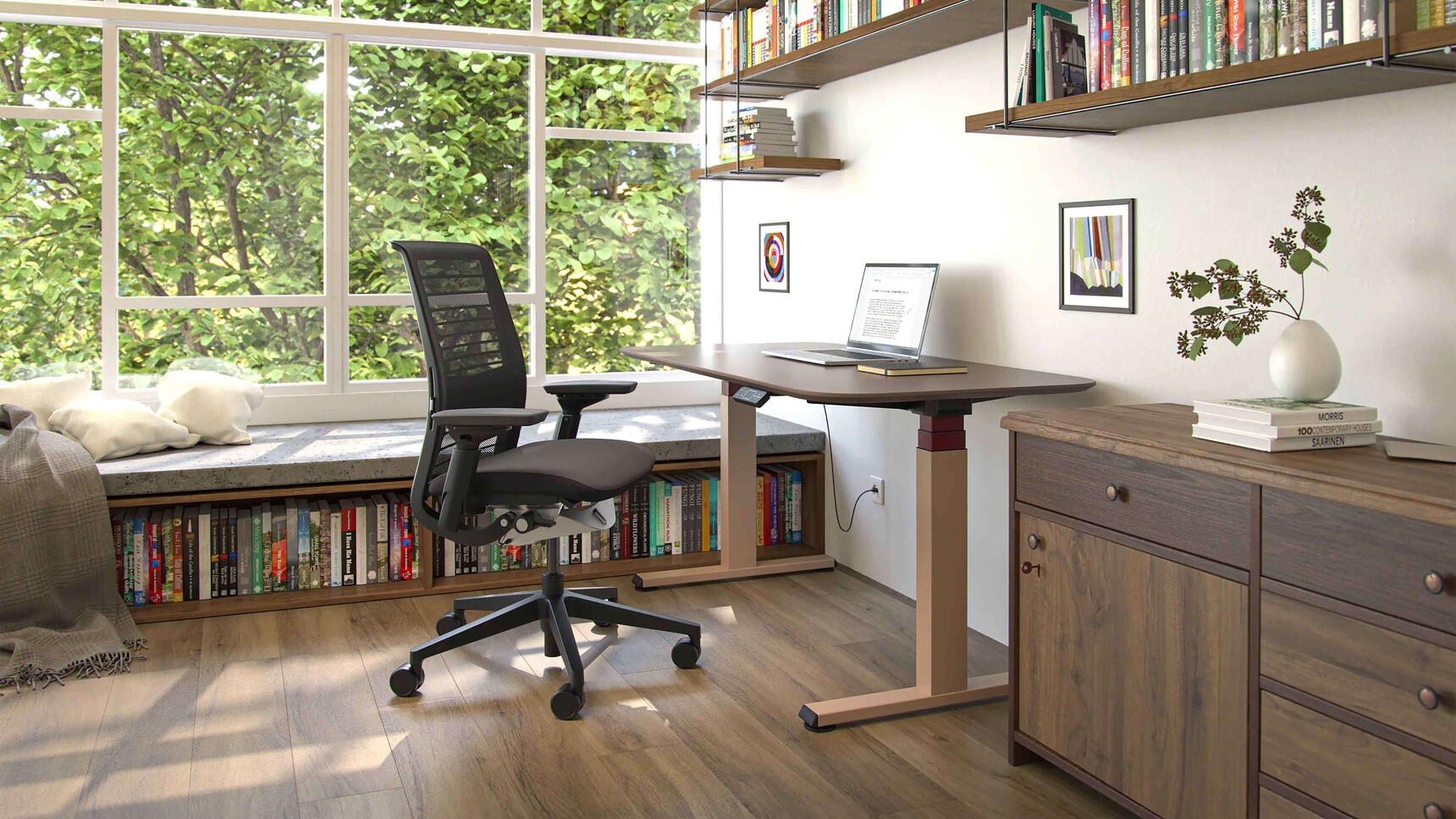 Steelcase Think V2 3D Knit Back Office Chair Home Edition At Height Adjustable Desk In Home Settling