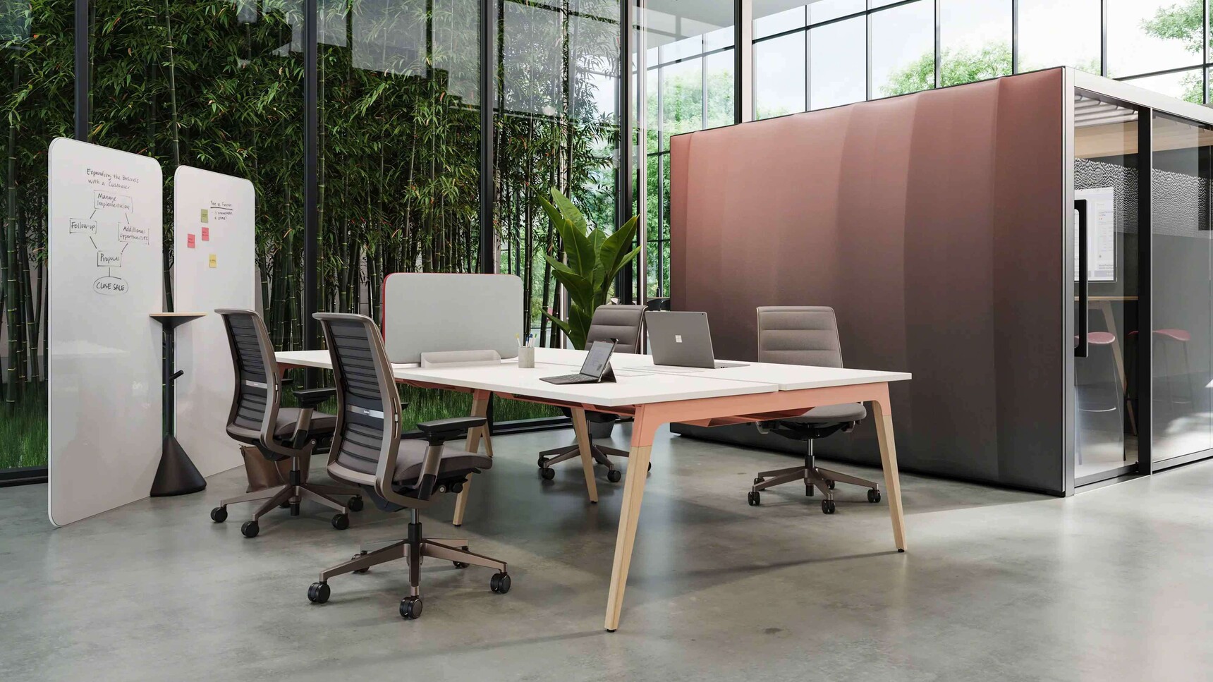 Four Steelcase Think V2 Quilted Office Chairs With Lux Finishes With Lares And Flex In Office Setting