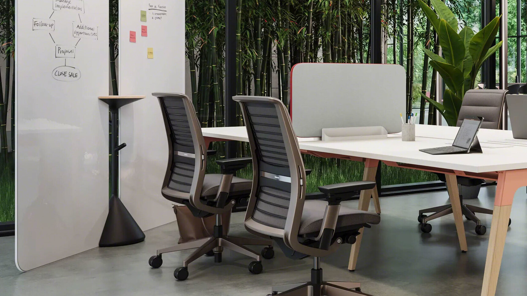 Three Steelcase Think V2 Quilted Office Chairs With Lux Finishes With Lares And Flex In Office Environment