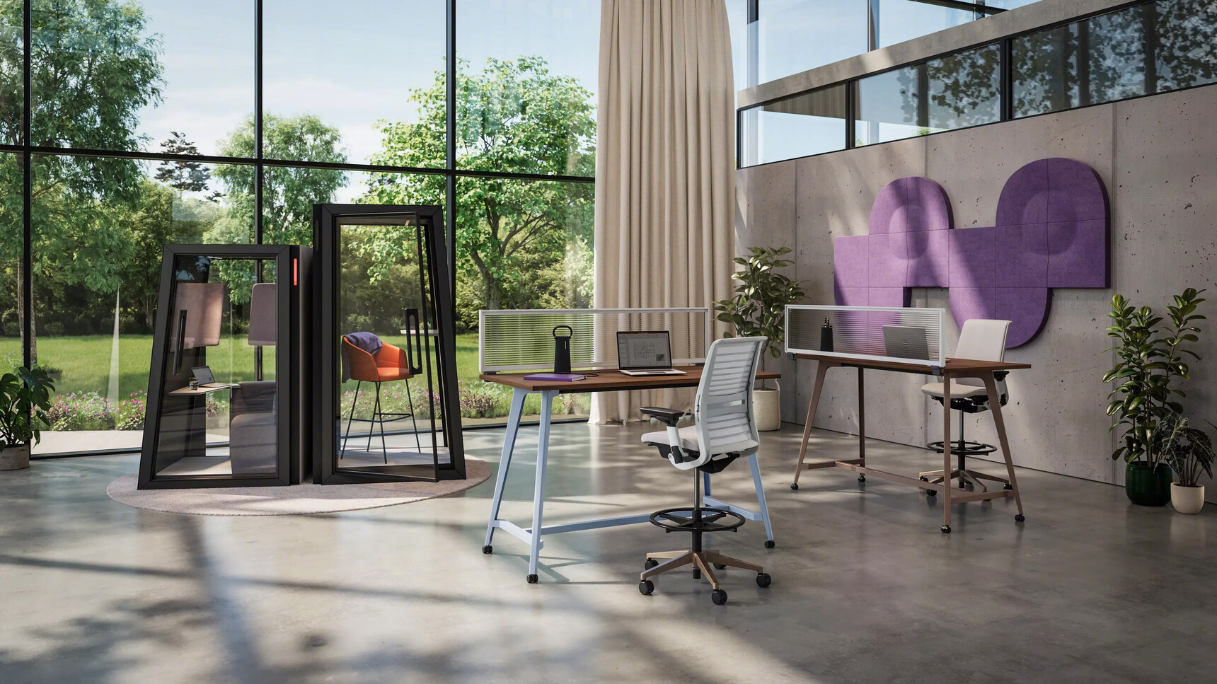 Two Steelcase Think V2 Quilted Draughtsman Office Chairs With Lux Bases In Office Setting