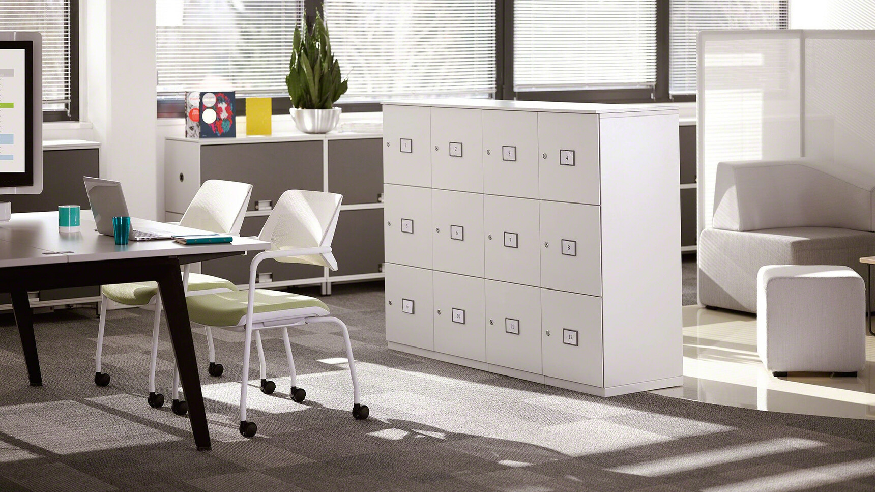 Two Steelcase Qivi Four Leg Base Conference Chairs on Castors White Base White Fixed Arms Frame Green Upholstery At Desk Storage Locker