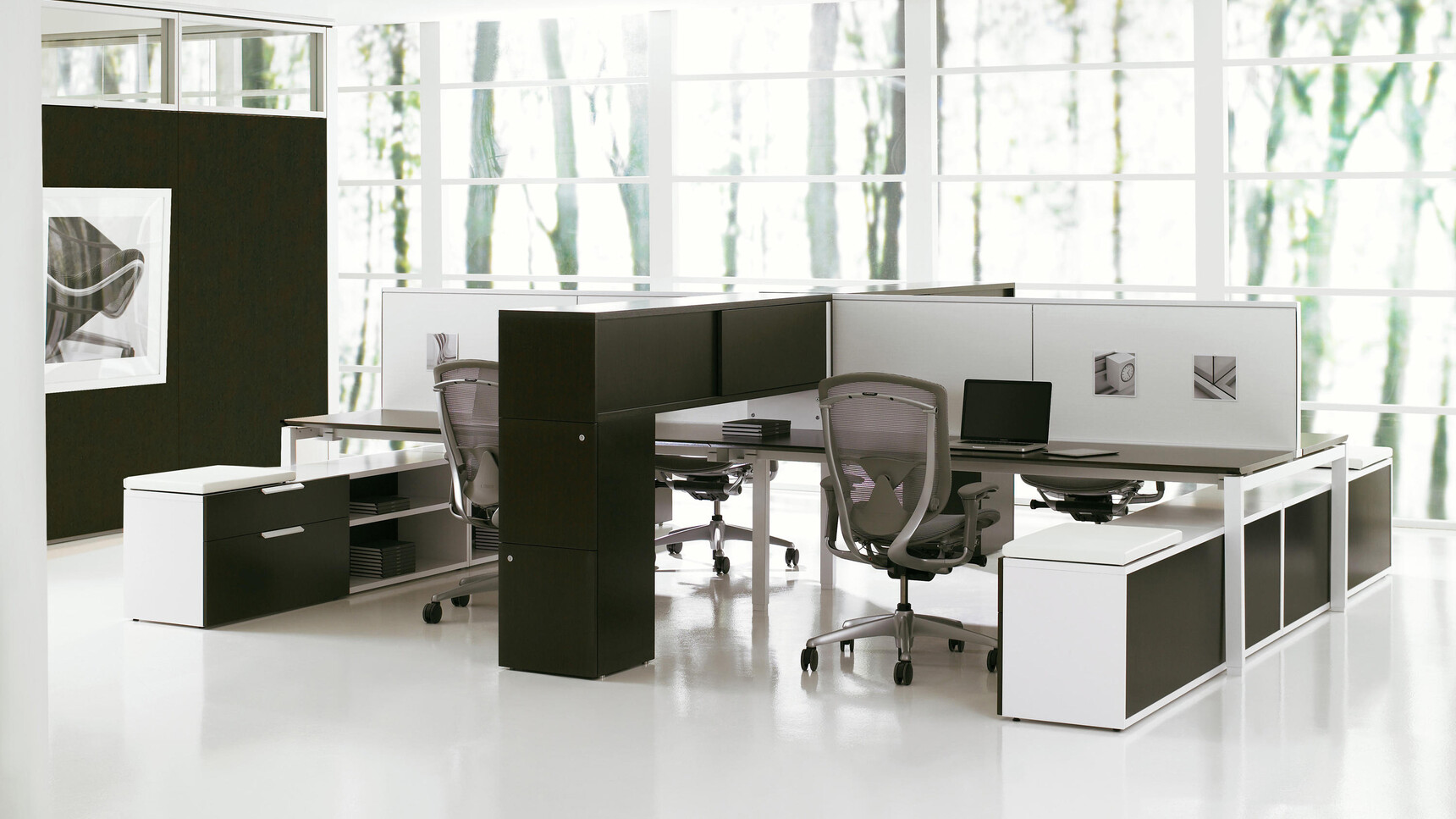 Four Okamura Contessa II Mesh Seat & Back Office Chairs With Dark Grey Cushion And Backrest With Grey Frame With Additional Lumbar Support And Grey 4-D Adjustable Arms With Polished Base Finish On Castors