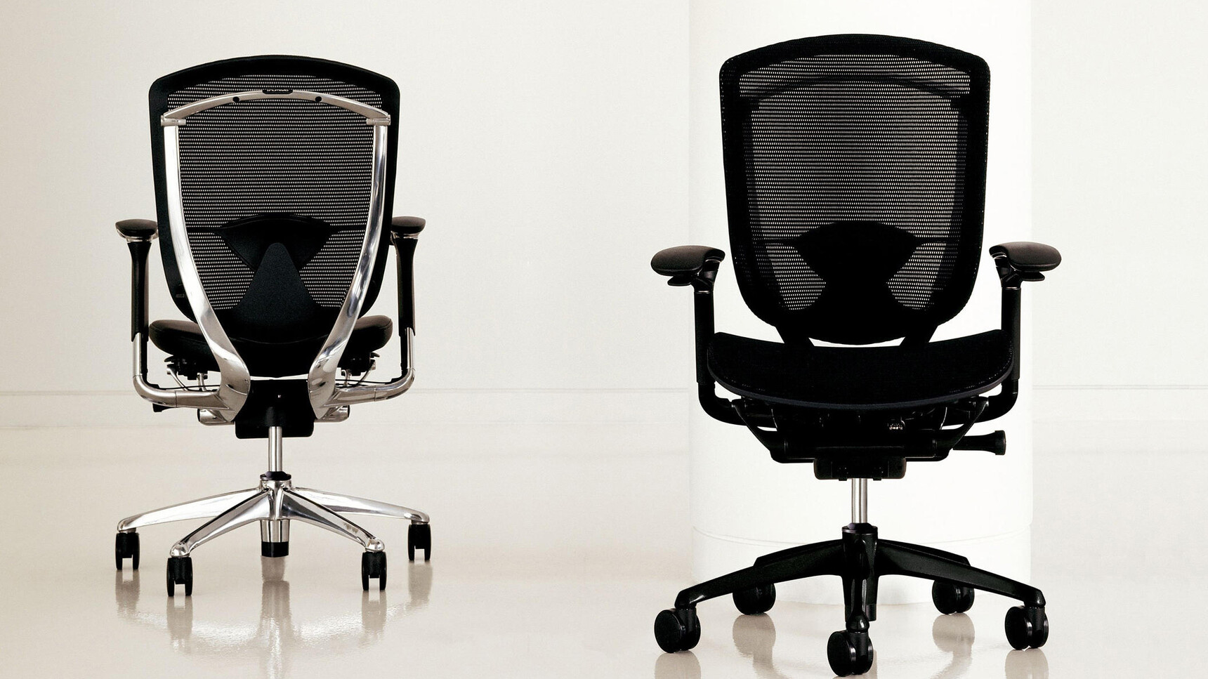 Two Okamura Contessa II Mesh Seat & Back Office Chairs With Black Cushion And Backrest One With Silver Frame And Polished Aluminium Base One With Black Frame And Base Both On Castors