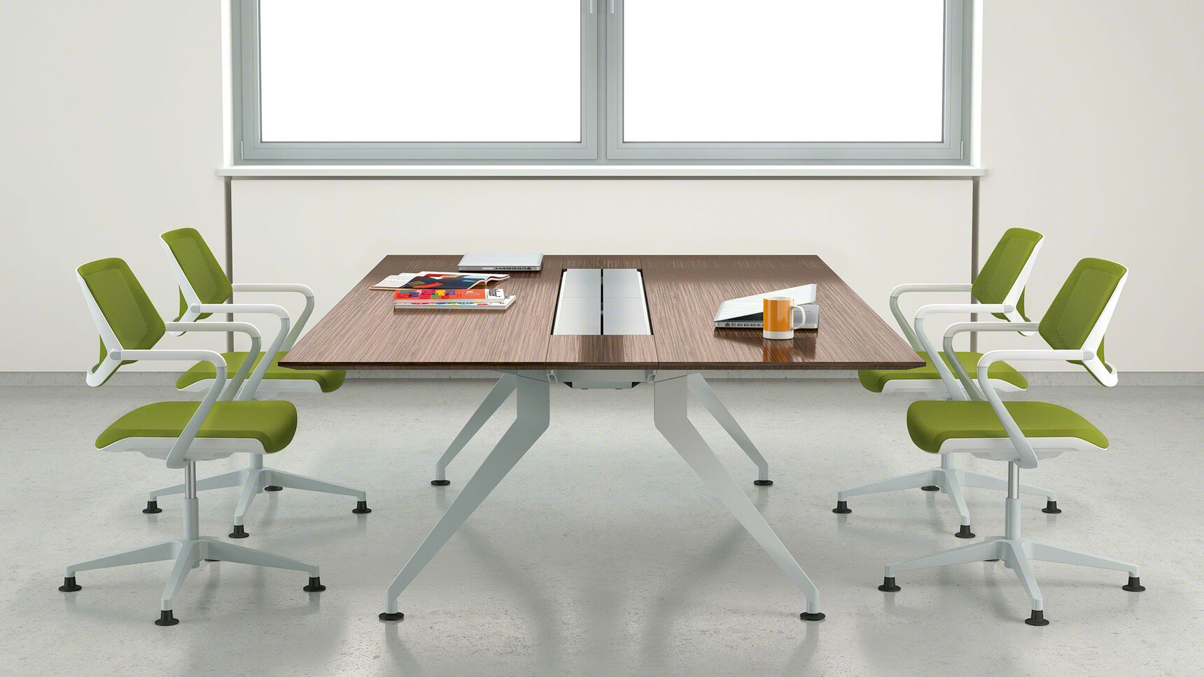 Four Steelcase Qivi Four Star Base Conference Chairs on Glides Grey Base Finish White Fixed Arms Green Upholstery At 4.8 Barrel Conference Table Wood Finish