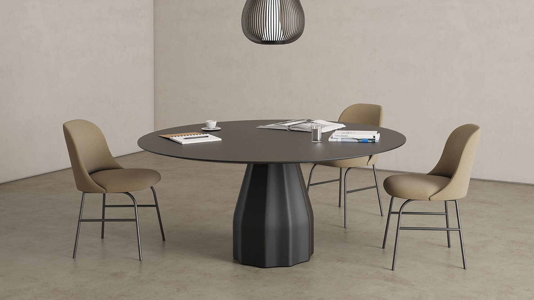 Viccarbe Burin Circular Meeting Table With Three Chairs Family Image