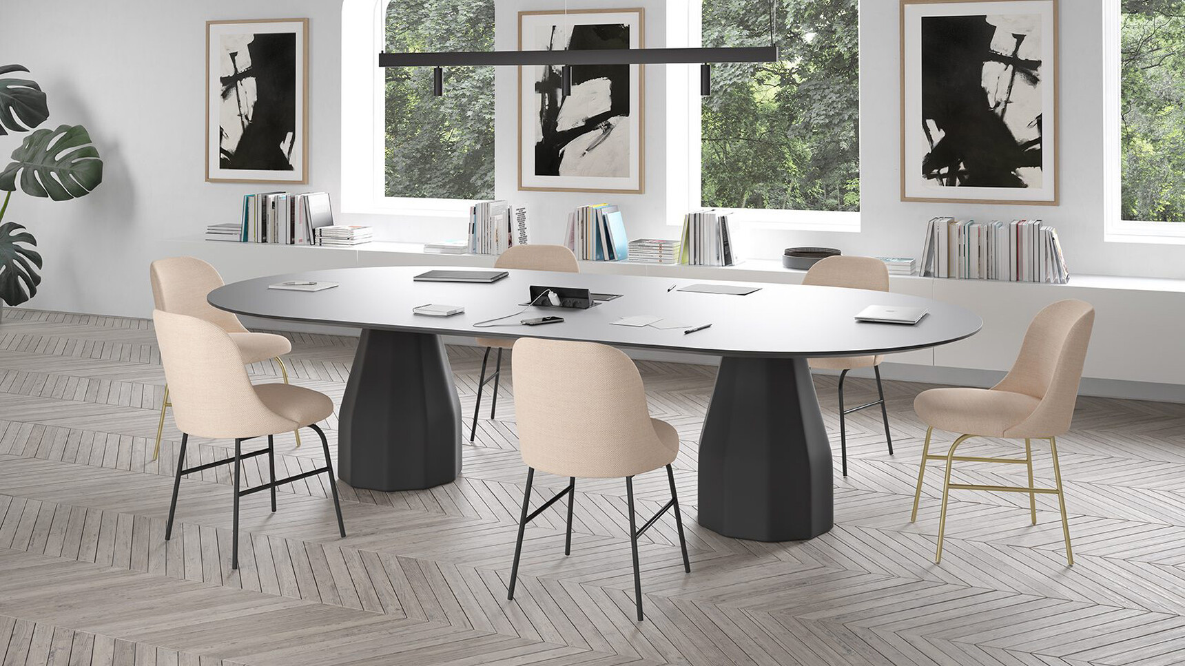 Viccarbe Burin Meeting Table Black Finish With Chairs Family Image