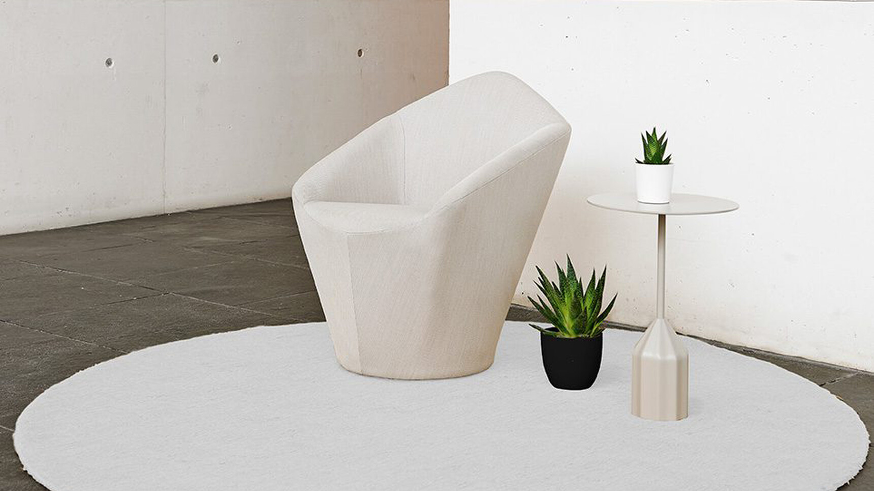 Viccarbe Burin Circular Mini Side Table With Chair In Lounge Setting