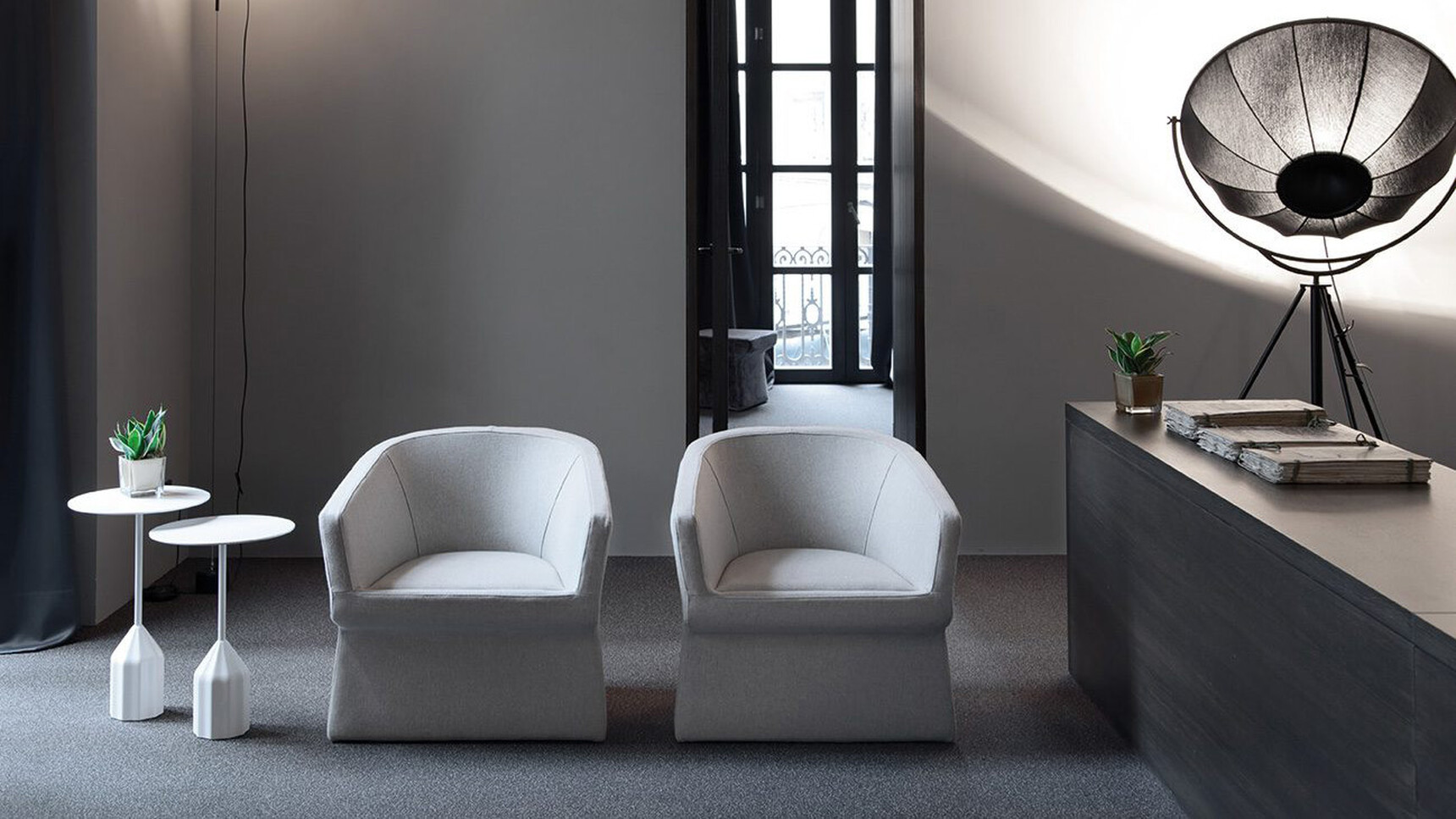 Viccarbe Burin Circular Mini Side Table White Finish With Chairs In Lounge Setting