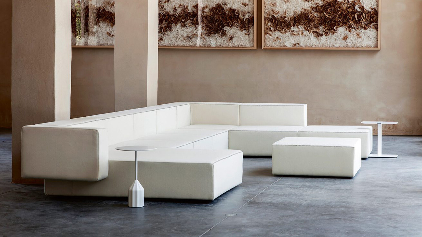 Viccarbe Burin Circular Mini Side Table White Finish With Modular Sofa Family Image