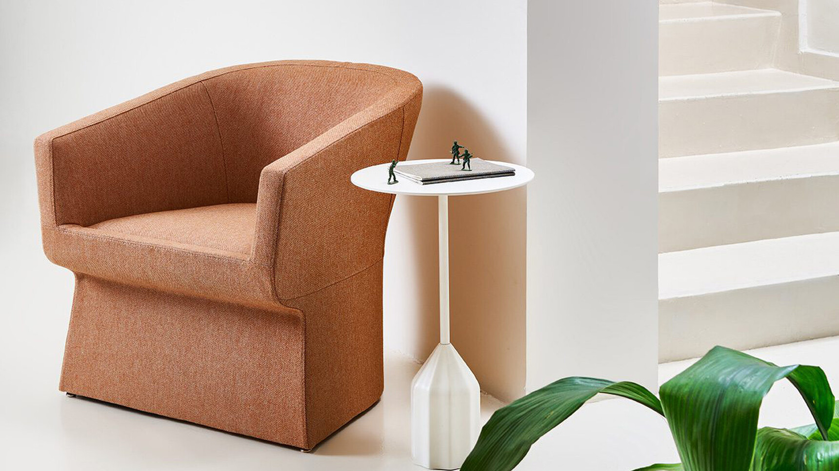 Viccarbe Burin Circular Mini Side Table White Finish With Chair Detail Image