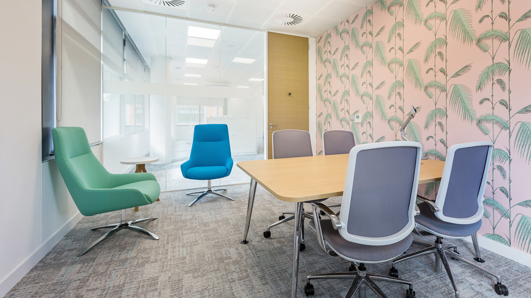 Four Boss Design Trinetic Upholstered Office Chairs In Purple Upholstery With Polished Aluminium Armrests With Grey Seat Edges And Polished Aluminium Base At Desk And Two Marnie High Back Sled Base Lounge Chair