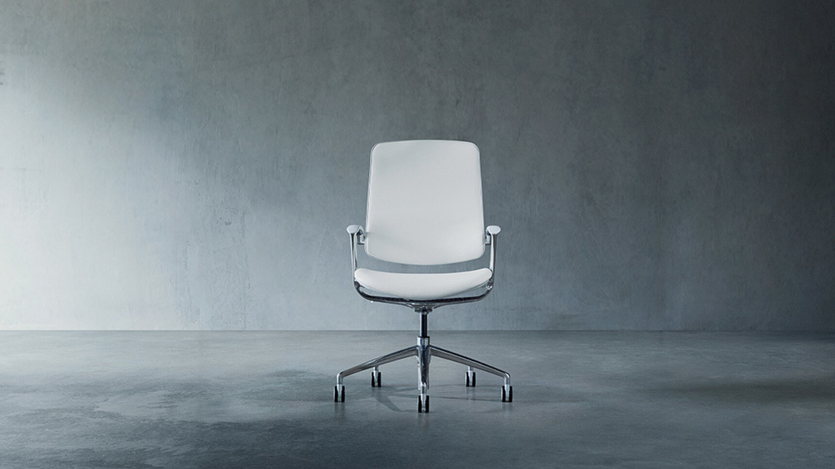 Boss Design Trinetic Upholstered Office Chair In White Upholstery And Polished Aluminium Armrests And Polished Aluminium Base On Castors Front View