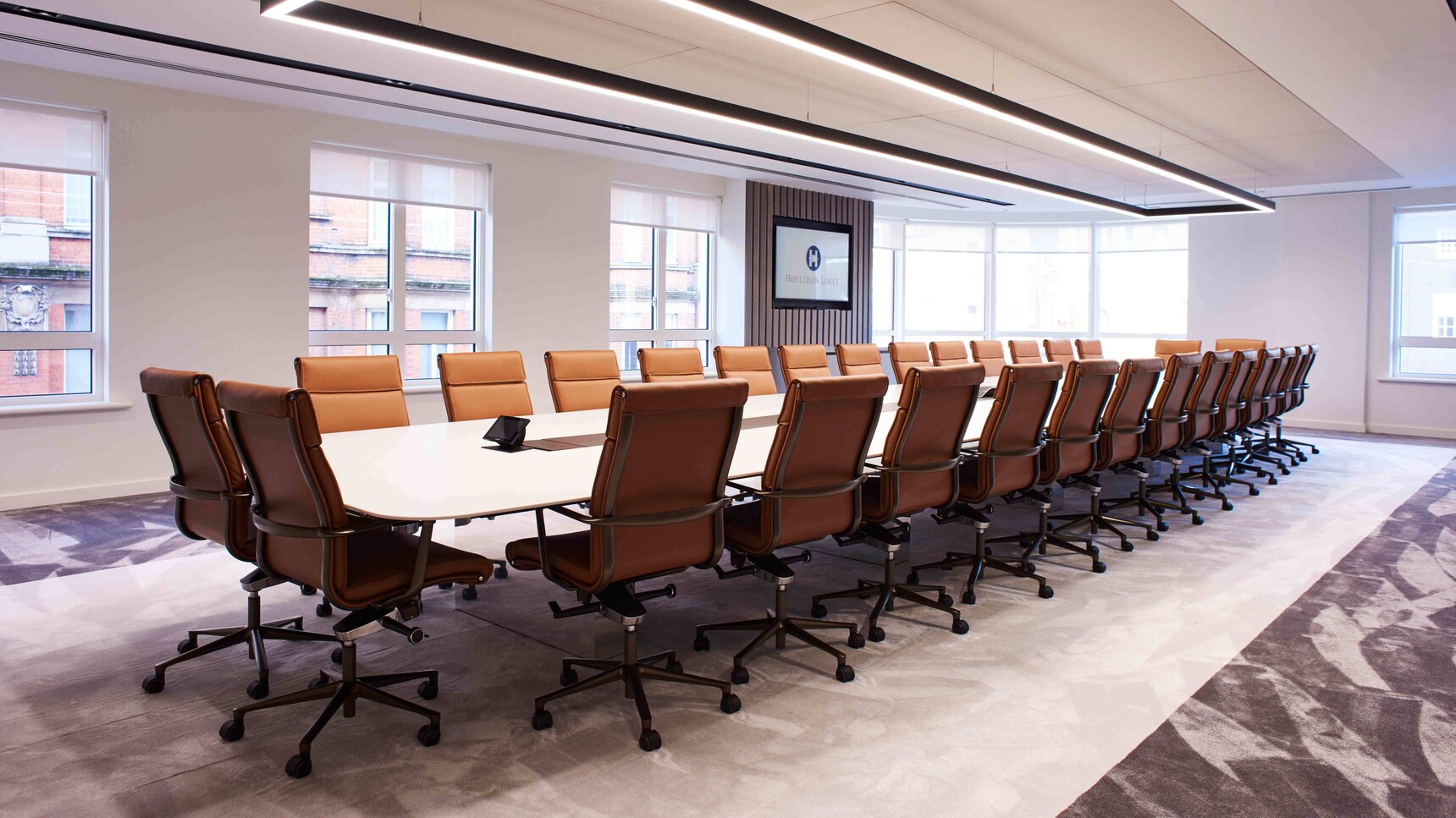 Workbench Slab Rectangular Laminate White Conference Table In Office Setting