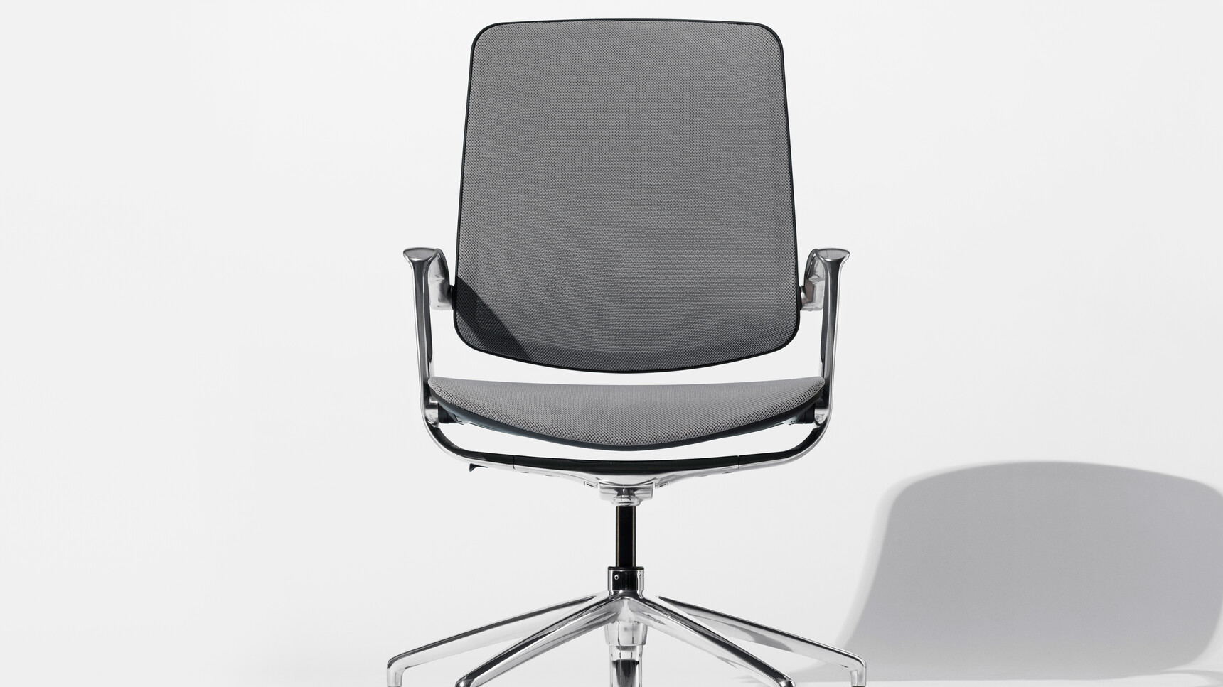Boss Design Trinetic Mesh Seat & Back Office Chair With Grey Upholstery With Polished Aluminium Armrests And Base Front Angle