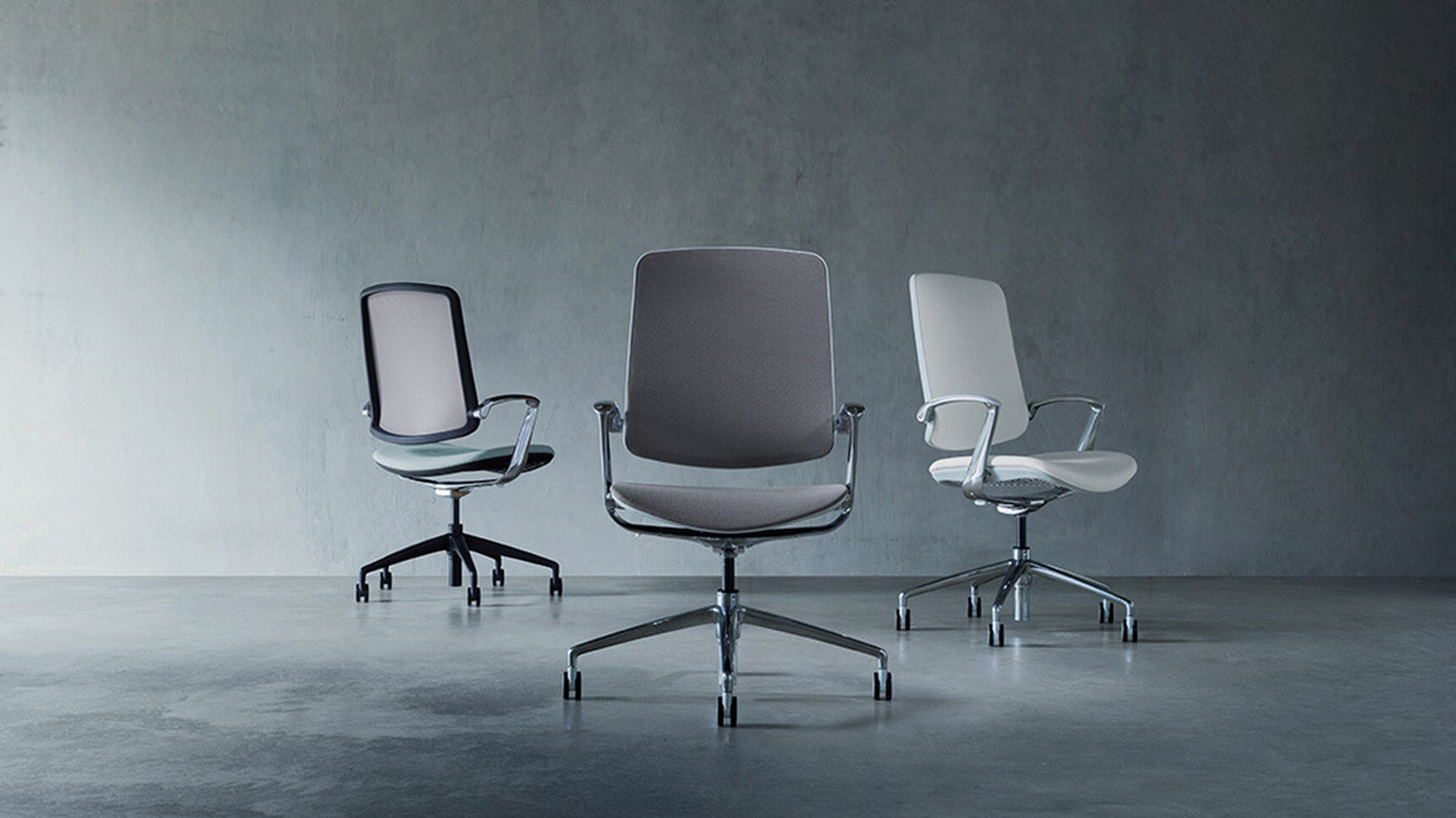 Three Boss Design Trinetic Mesh Seat & Back Office Chairs One In Grey Upholstery And One In White With Polished Aluminium Armrests And Base Finish And One In Blue With Black Frame And Base Finish