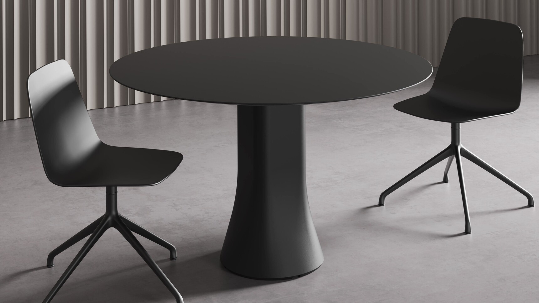 Viccarbe Cambio Circular Meeting Table Black Finish With Two Chairs Family Image