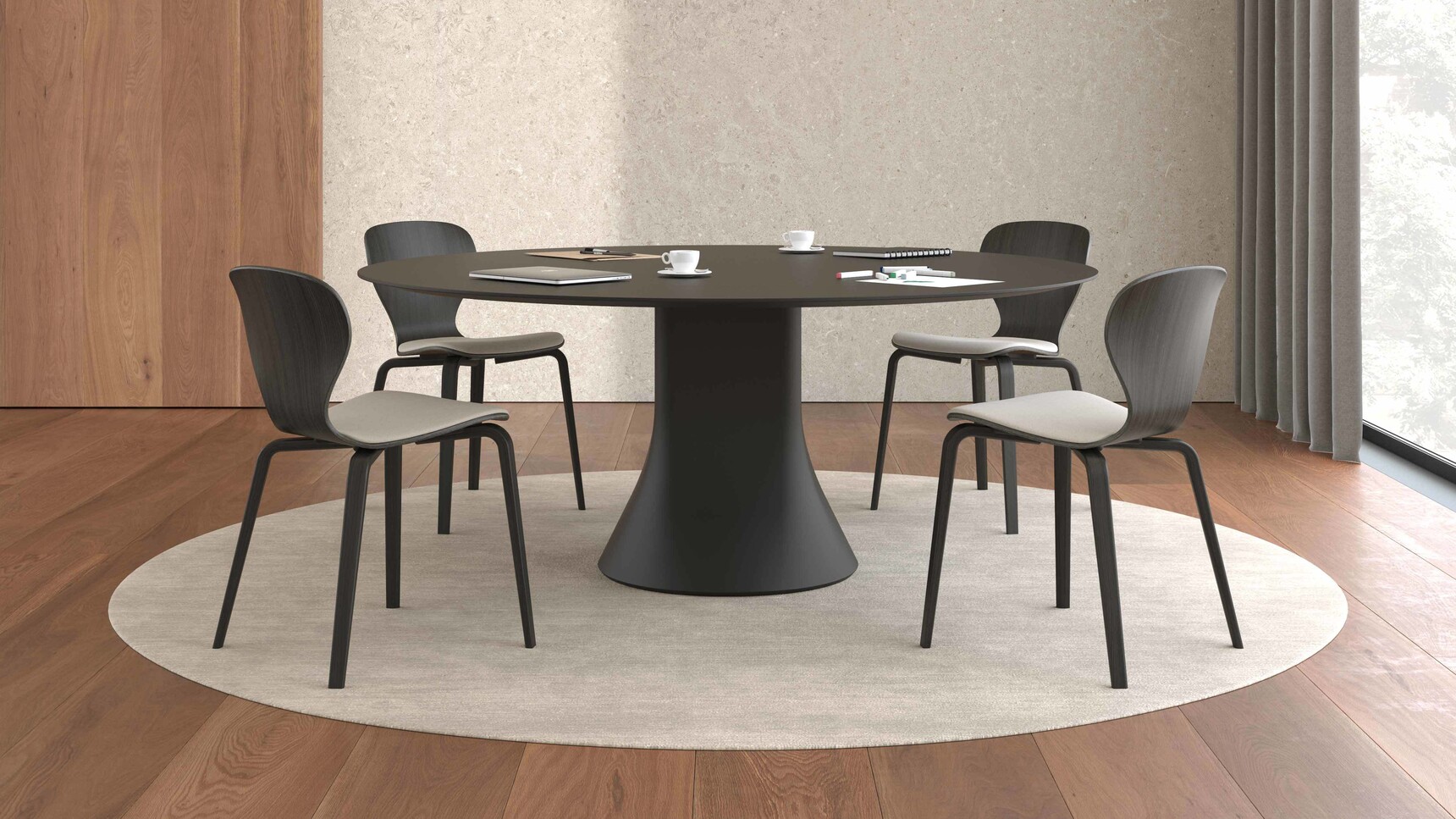 Viccarbe Cambio Meeting Table Black Finish With Four Chairs Family Image