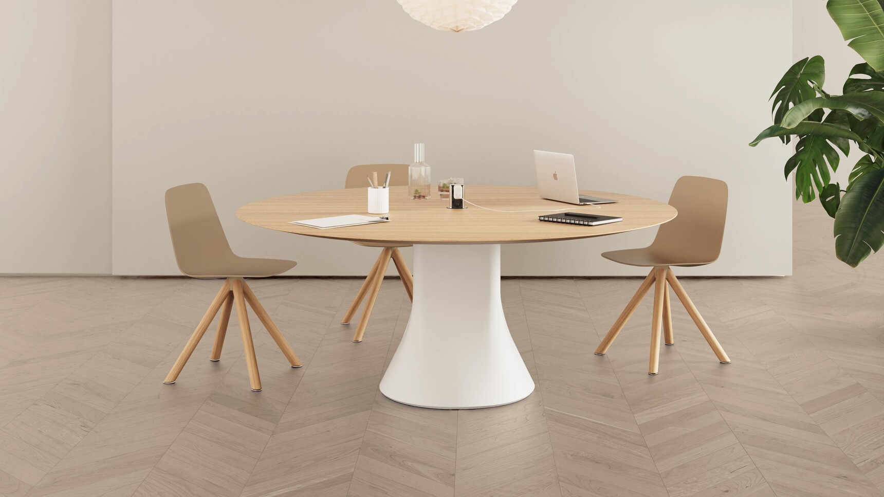 Viccarbe Cambio Circular Meeting Table Wood Top White Base Family Image