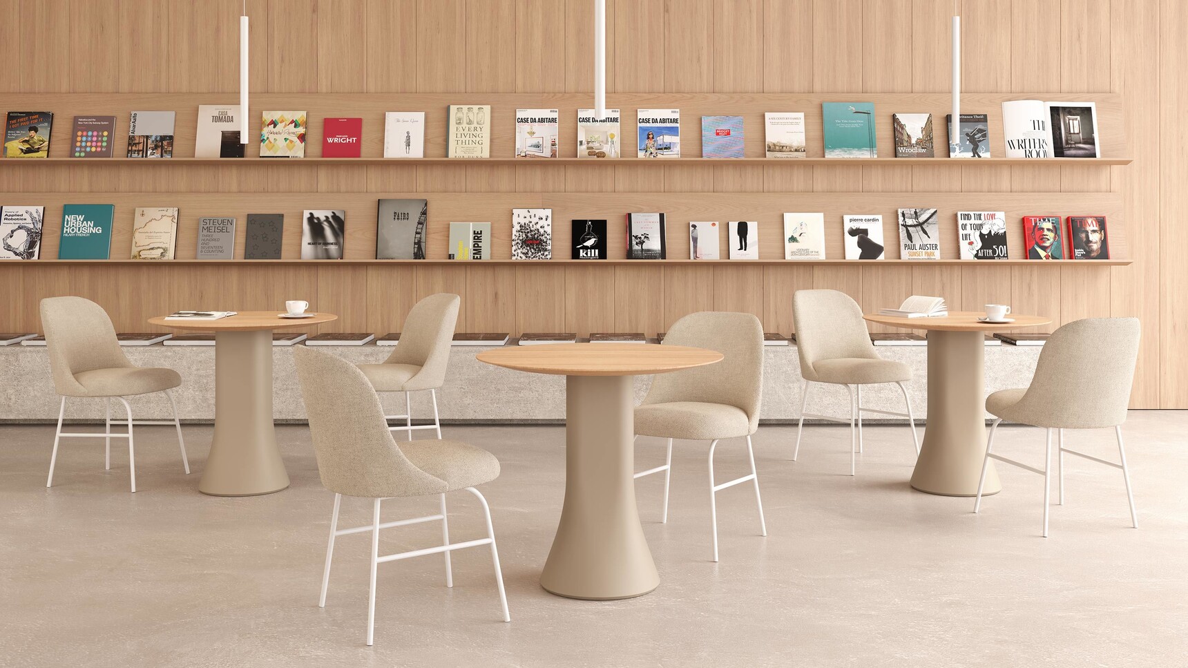 Viccarbe Cambio Circular Meeting Tables With Chairs At Tables In Office Setting