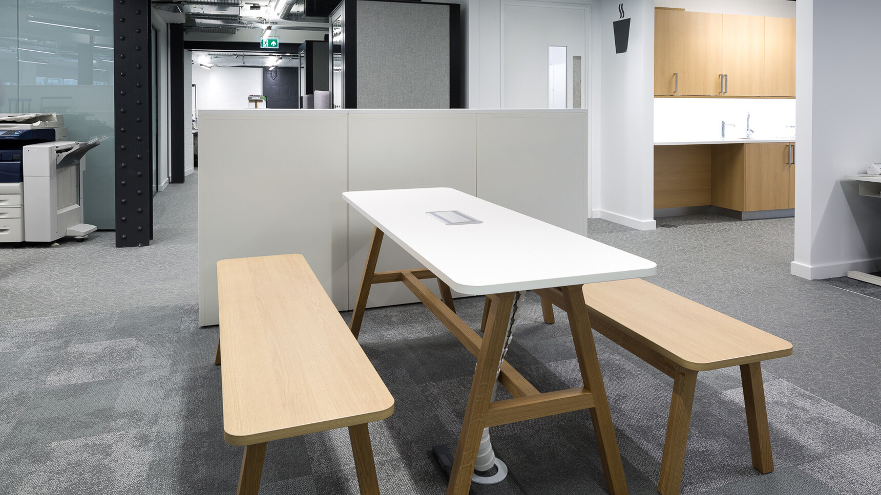 Two Boss Design Agent Benches In Wood Finish With Timber Four Leg Base At Agent Four Leg Tables With White Table Top Finish And Wood Base Finish