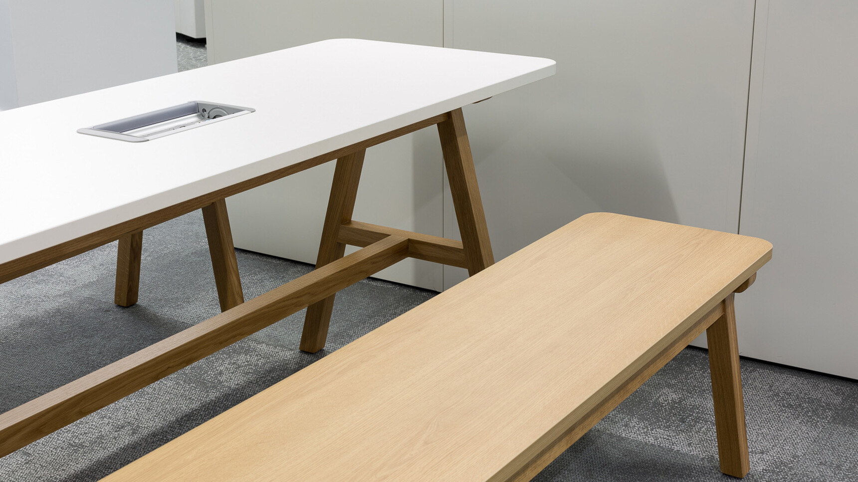 Boss Design Agent Bench With Wood Finish And Timber Four Leg Base At Agent Four Leg Tables With White Table Top Finish And Wood Base Finish Detail Image
