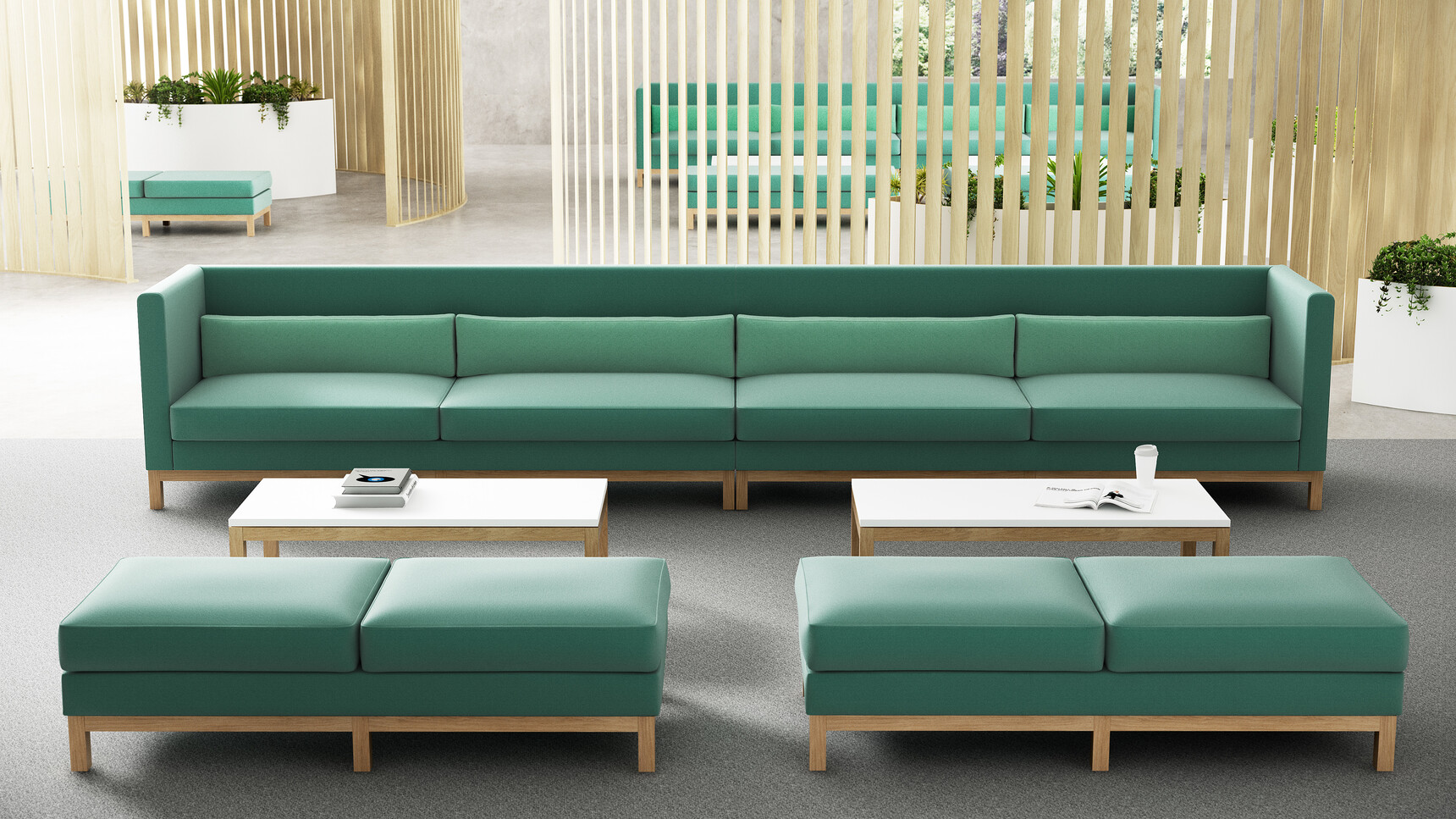 Boss Design Arthur Cityscape With Dark Green Upholstery With Wood Leg Finish In Three Sections One With Low Seating At Two Coffee Tables