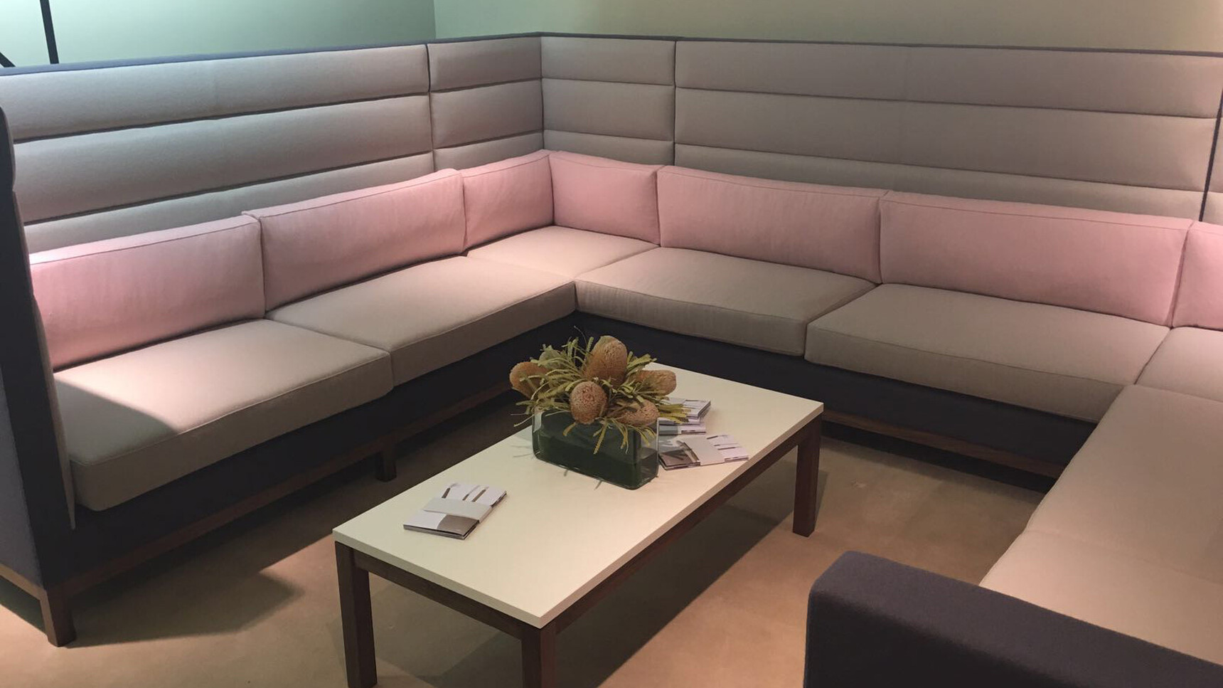 Boss Design Arthur Cityscape With Light Pink Upholstery And Dark Wood Finish With High Seating With Pink Cushions And Blue Frame At Coffee Table