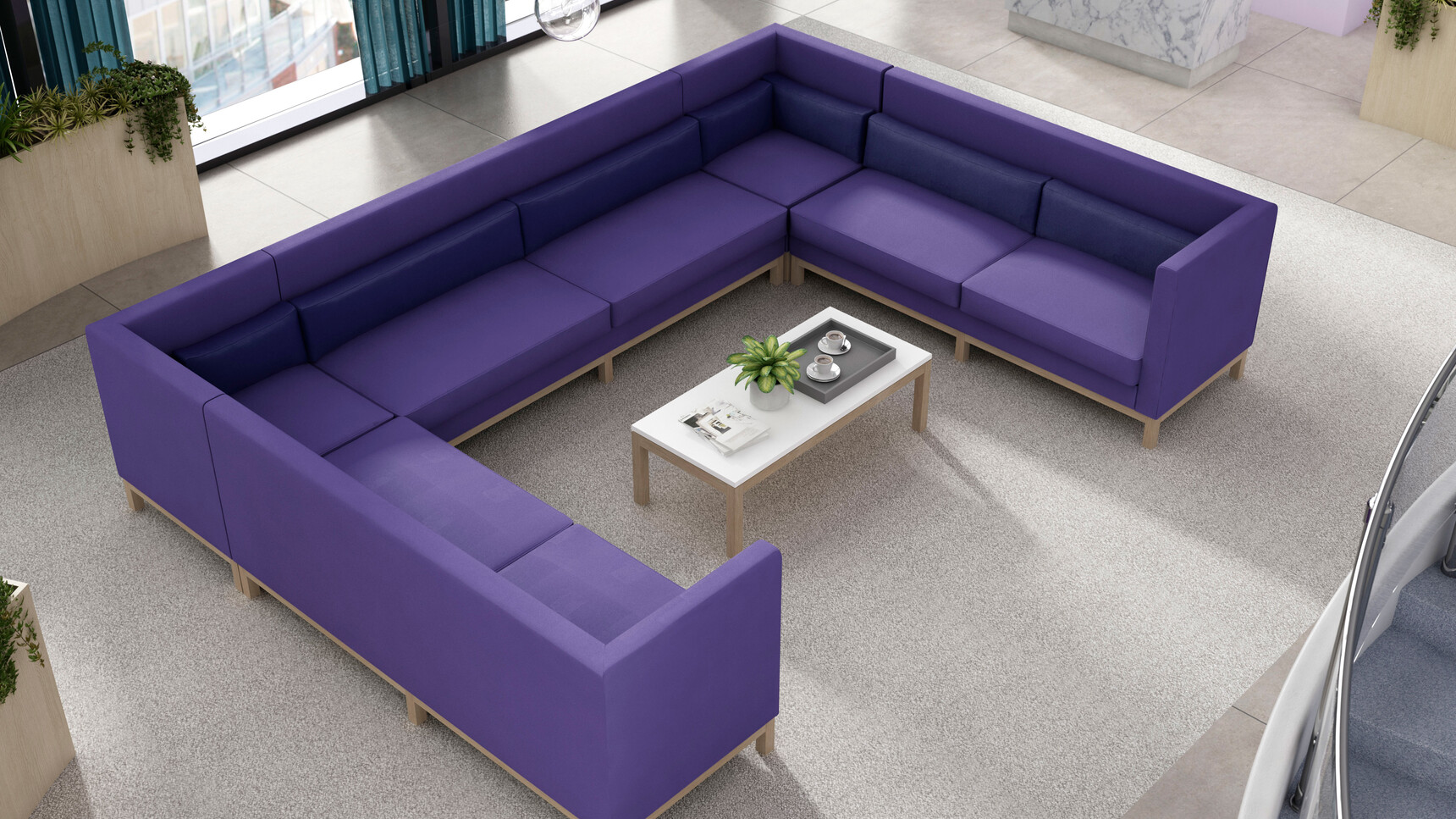 Boss Design Arthur Cityscape With Purple Upholstery And Wood Leg Finish With Low Seating At Coffee Table In Reception Area