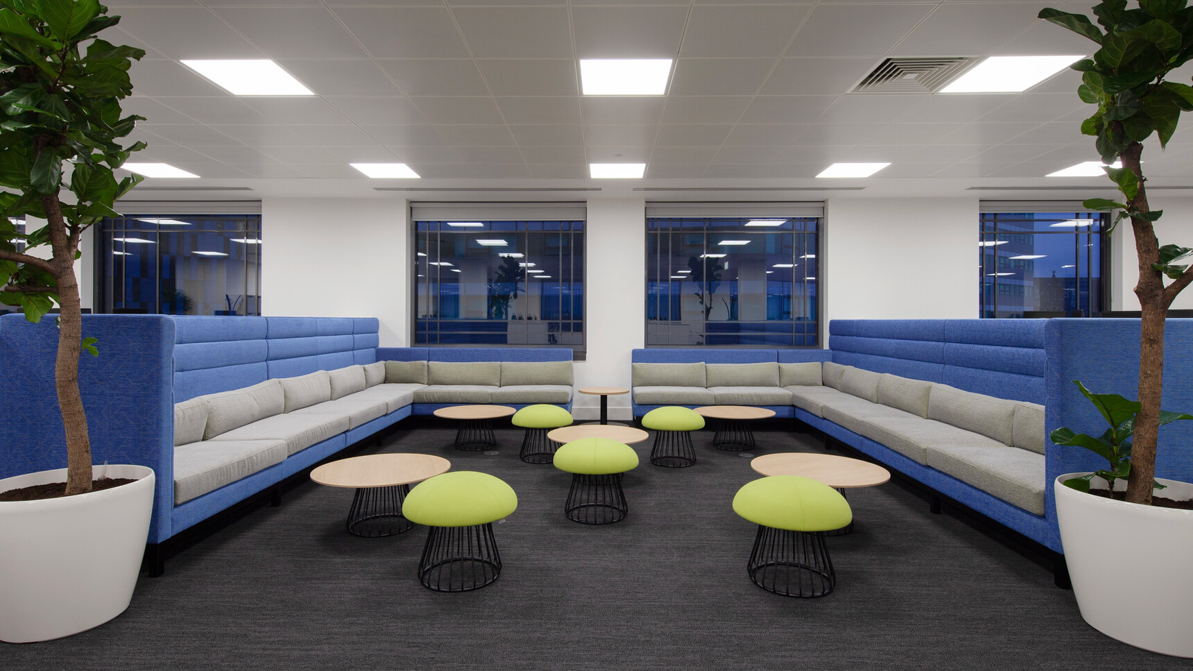 Boss Design Arthur Cityscape With Blue Upholstery With Black Base Finish With High And Low Seating And Grey Cushions In Two Sections With Five Magic Stools In Yellow Upholstery