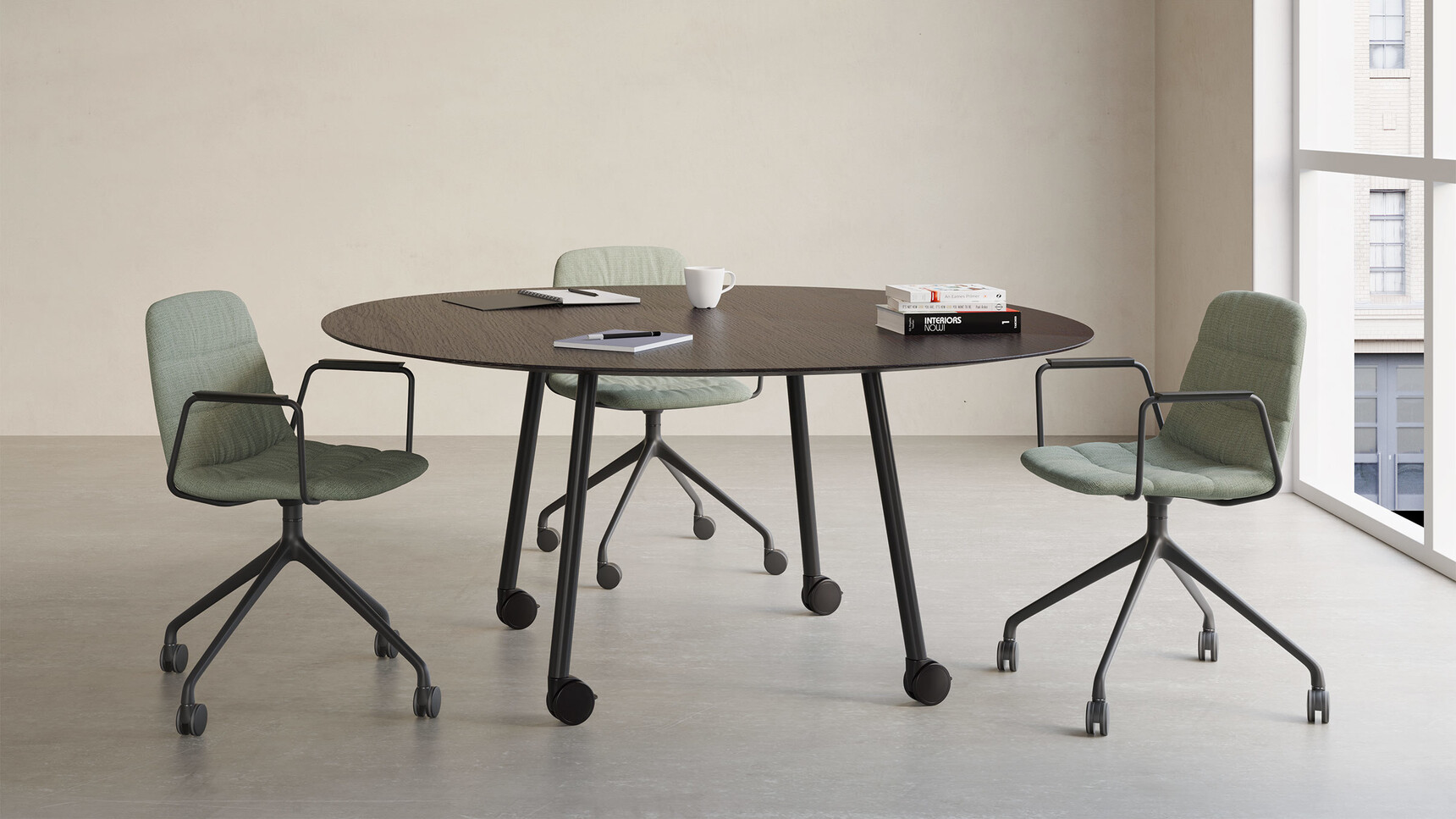 Viccarbe Maarten Soft Upholstered Chairs With Pyramidal Base At Table Family Image