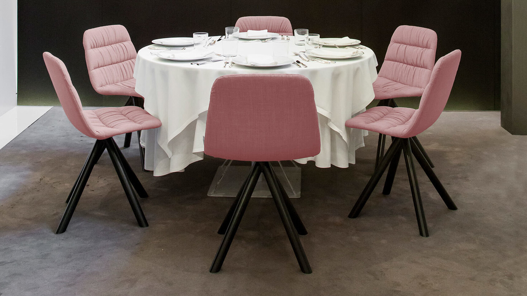 Viccarbe Maarten Soft Upholstered Chairs With Metal Swivel Bases Black Bases Pink Upholstery At Table Family Image
