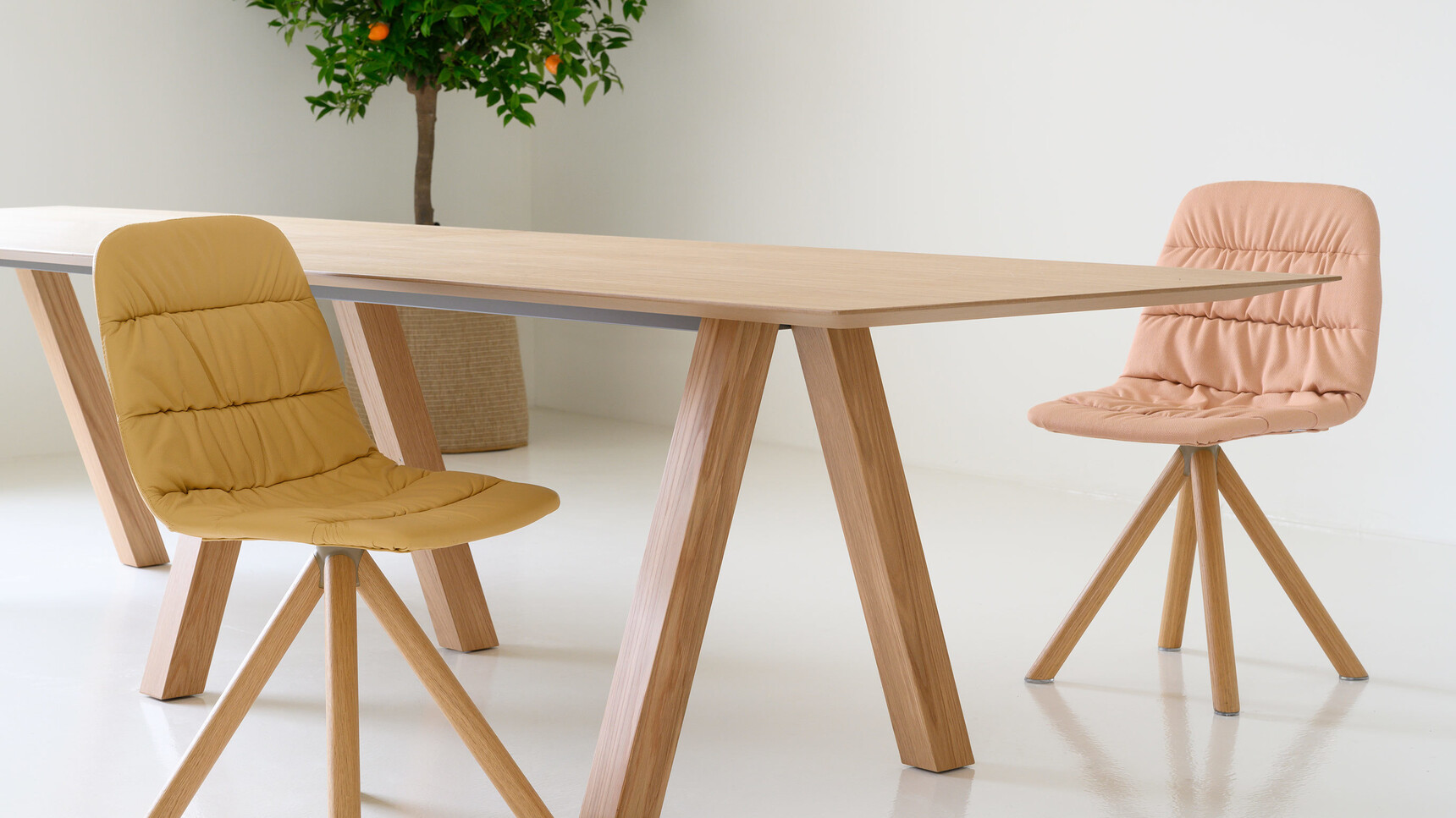 Viccarbe Maarten Soft Upholstered Chairs With Wood Swivel Base At Table Family Image