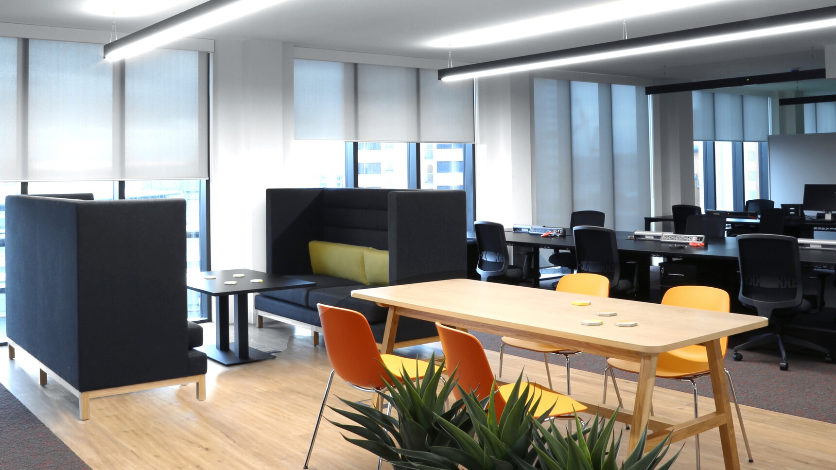 Boss Design Arthur Large Sofa In Dark Blue Upholstery And Wood Finish With Green Cushions At Coffee Table In Black Finish And Agent Table And Four Boss Design Office Chairs In Orange Finish In Office Environment