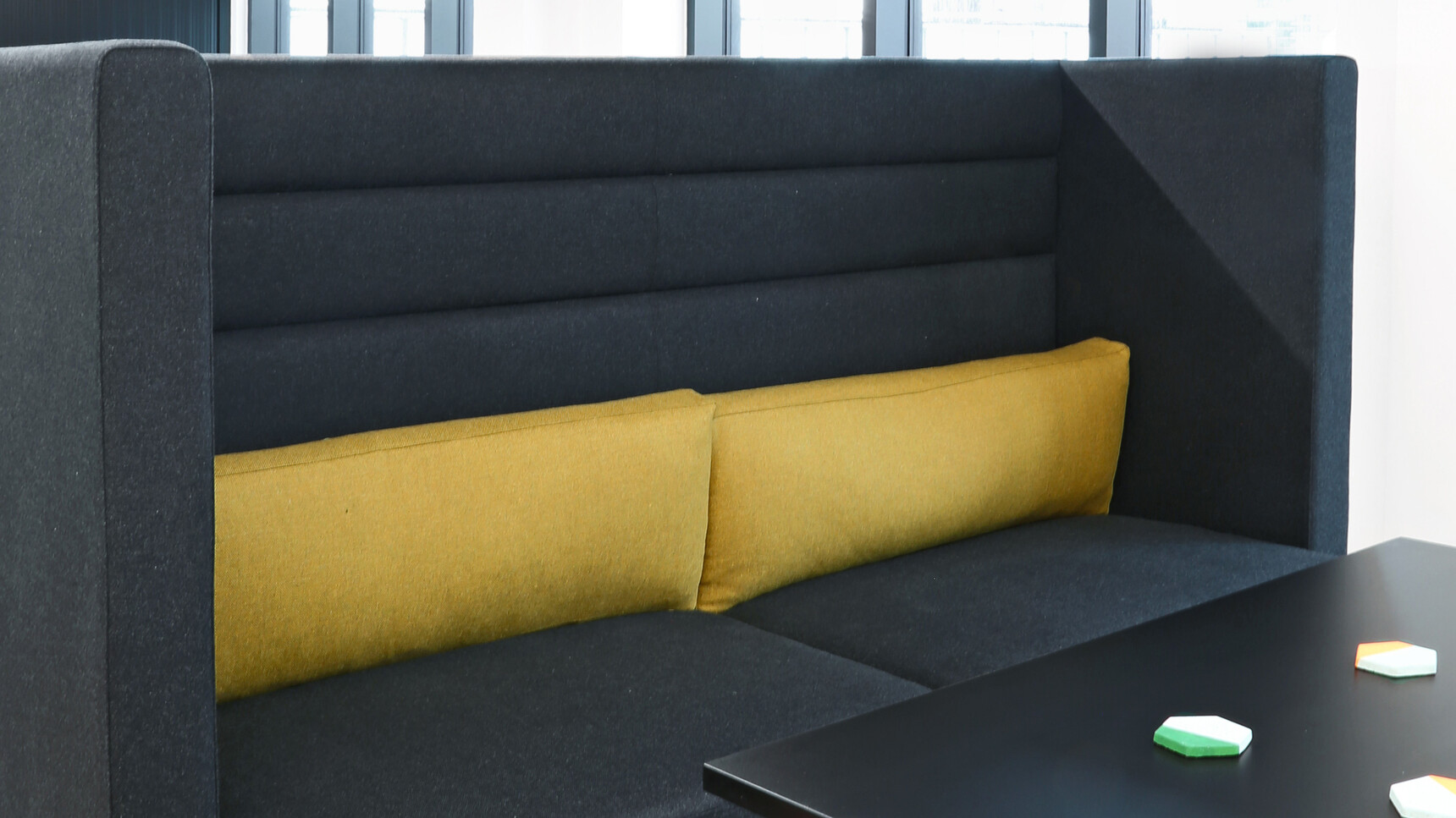 Boss Design Arthur Large Sofa In Black Upholstery With Yellow Cushions At Coffee Table