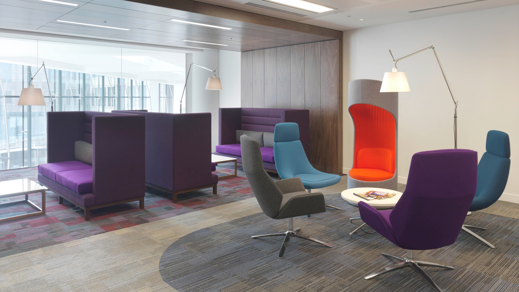 Three Boss Design Arthur Large Sofas One In Blue Upholstery Two In Purple All Three With Dark Wood Finish With Two Kruze Lounge High Back Chairs In Grey And Purple Upholstery