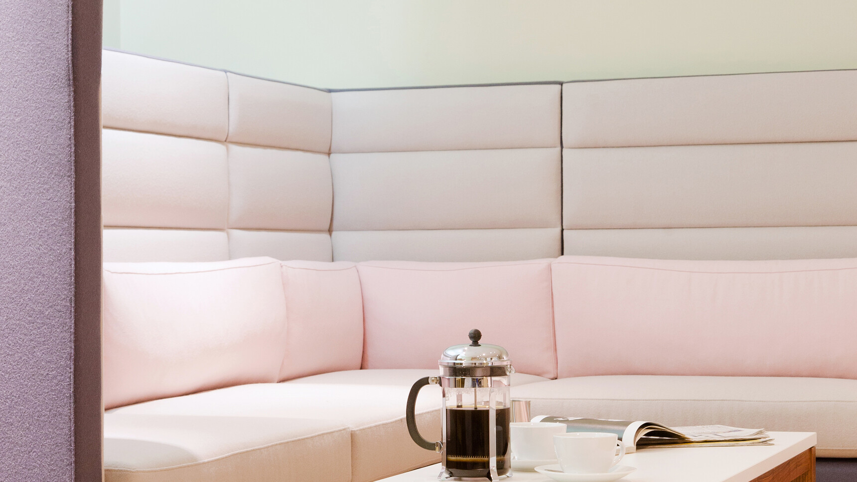 Boss Design Arthur Large Sofa In Light Pink Upholstery And Purple Frame And Light Pink Cushions Detail Image