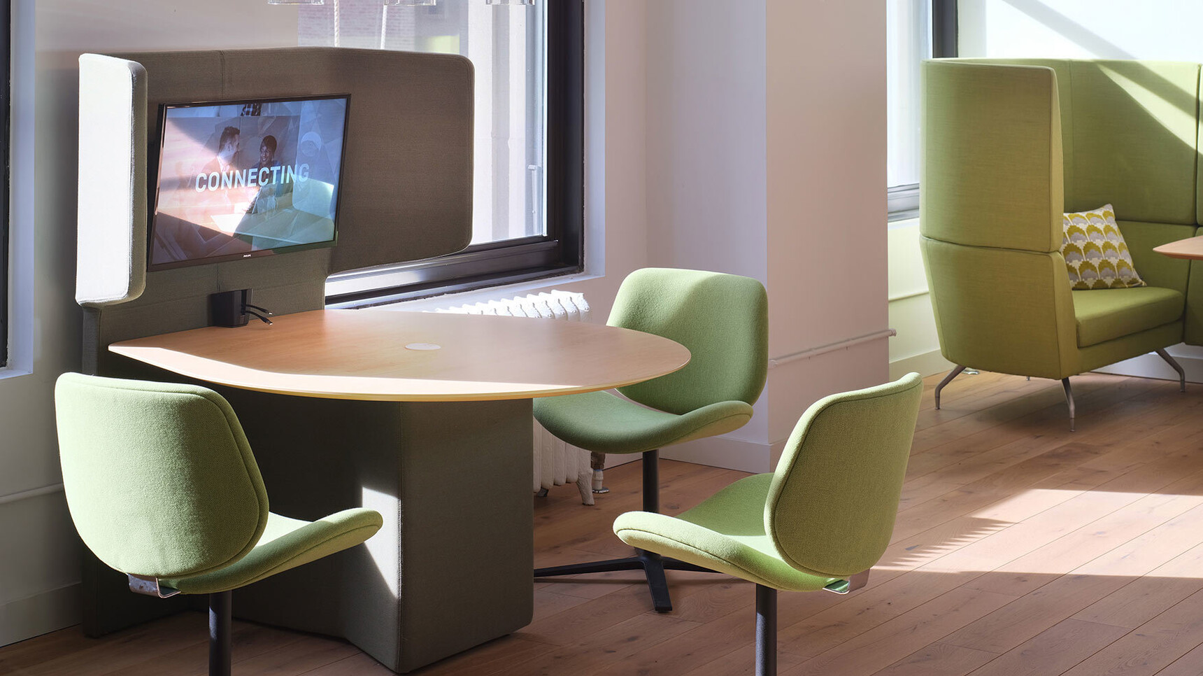 Orangebox Away From The Desk Media Unit With Three Chairs Family Image